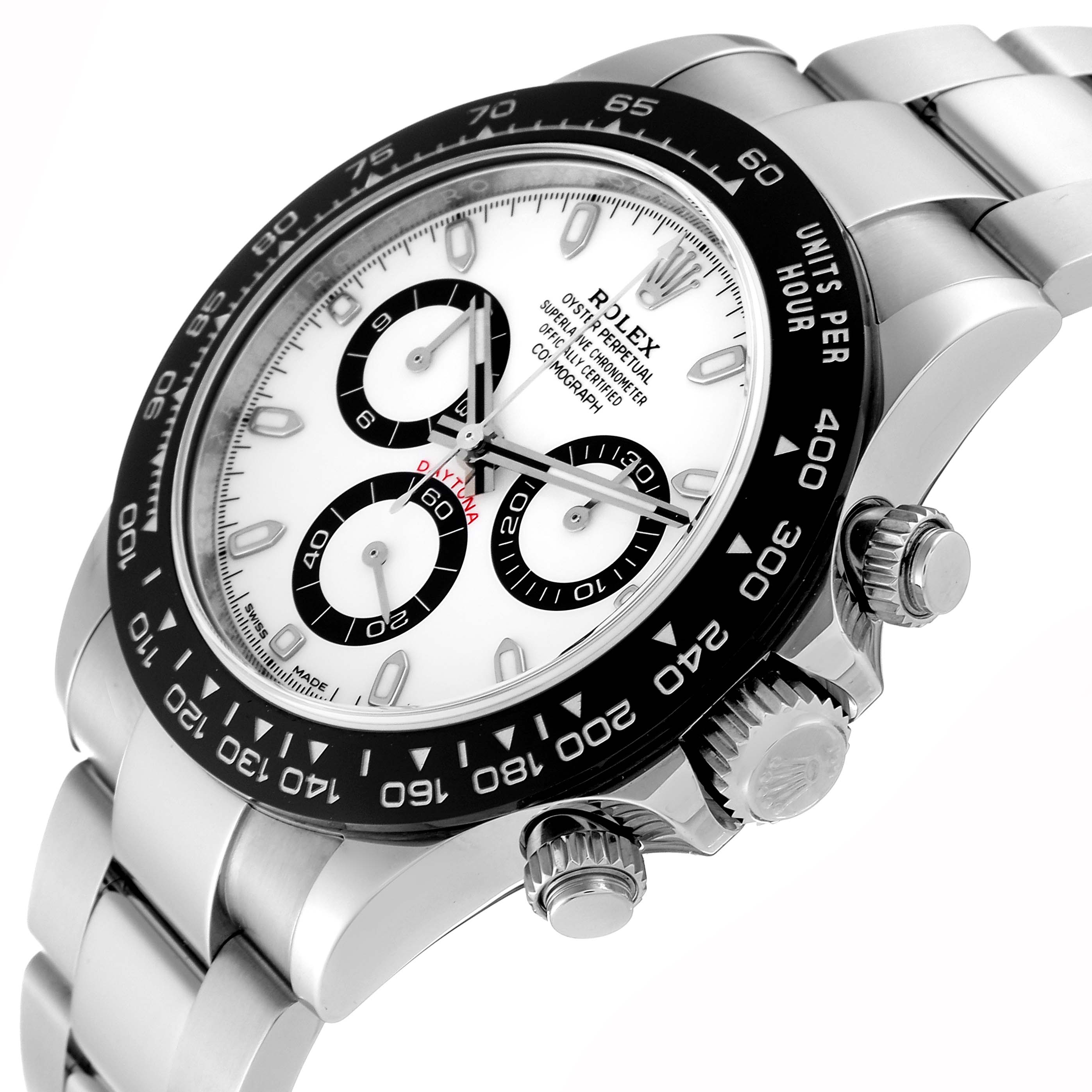 The image shows a close-up angled view of the Rolex Daytona 116500LN Men's Stainless Steel White Dial 116500LN Men's Stainless Steel White Dial watch, highlighting the face, bezel, and crown.
