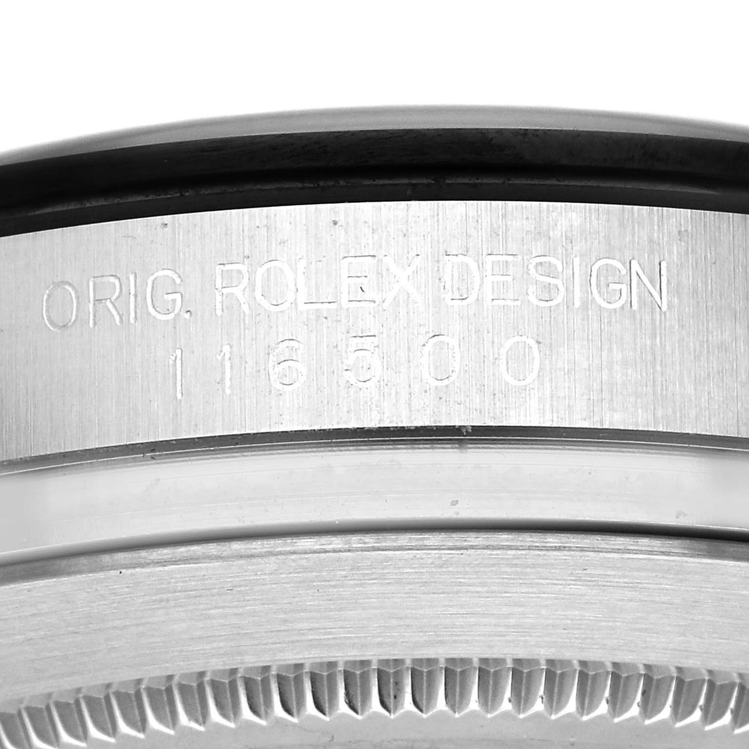 The image shows an angled, close-up view of the side of a Rolex Daytona 116500LN Men's Stainless Steel White Dial 116500LN Men's Stainless Steel White Dial watch, highlighting the "ORIG. ROLEX DESIGN" engraving and model number.