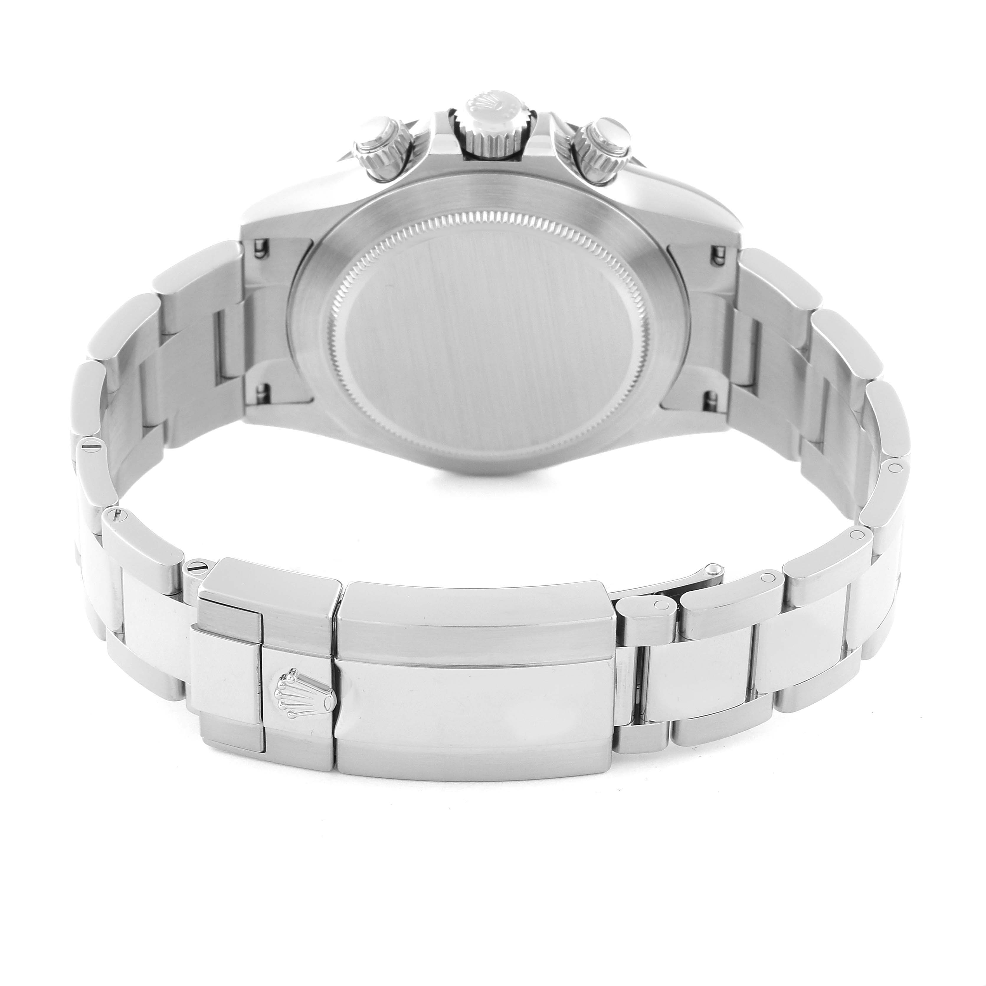 The image shows the back view of a Rolex Daytona 116500LN Men's Stainless Steel White Dial 116500LN Men's Stainless Steel White Dial watch, highlighting its steel bracelet and clasp.