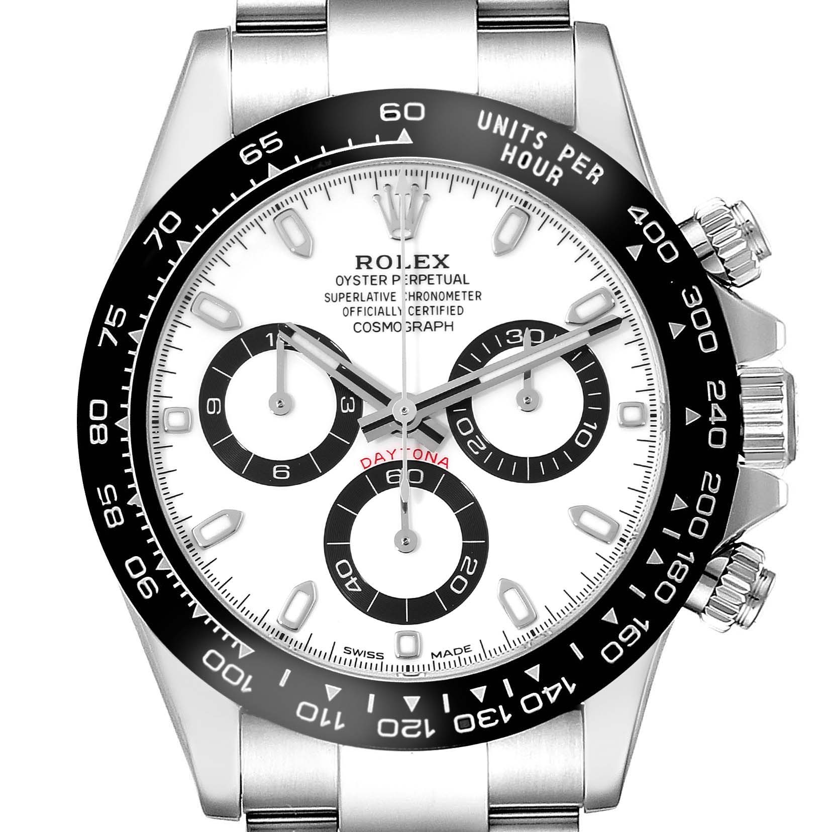 The image shows a frontal view of a Rolex Daytona 116500LN Men's Stainless Steel White Dial 116500LN Men's Stainless Steel White Dial watch, highlighting its dial, bezel, and pushers.