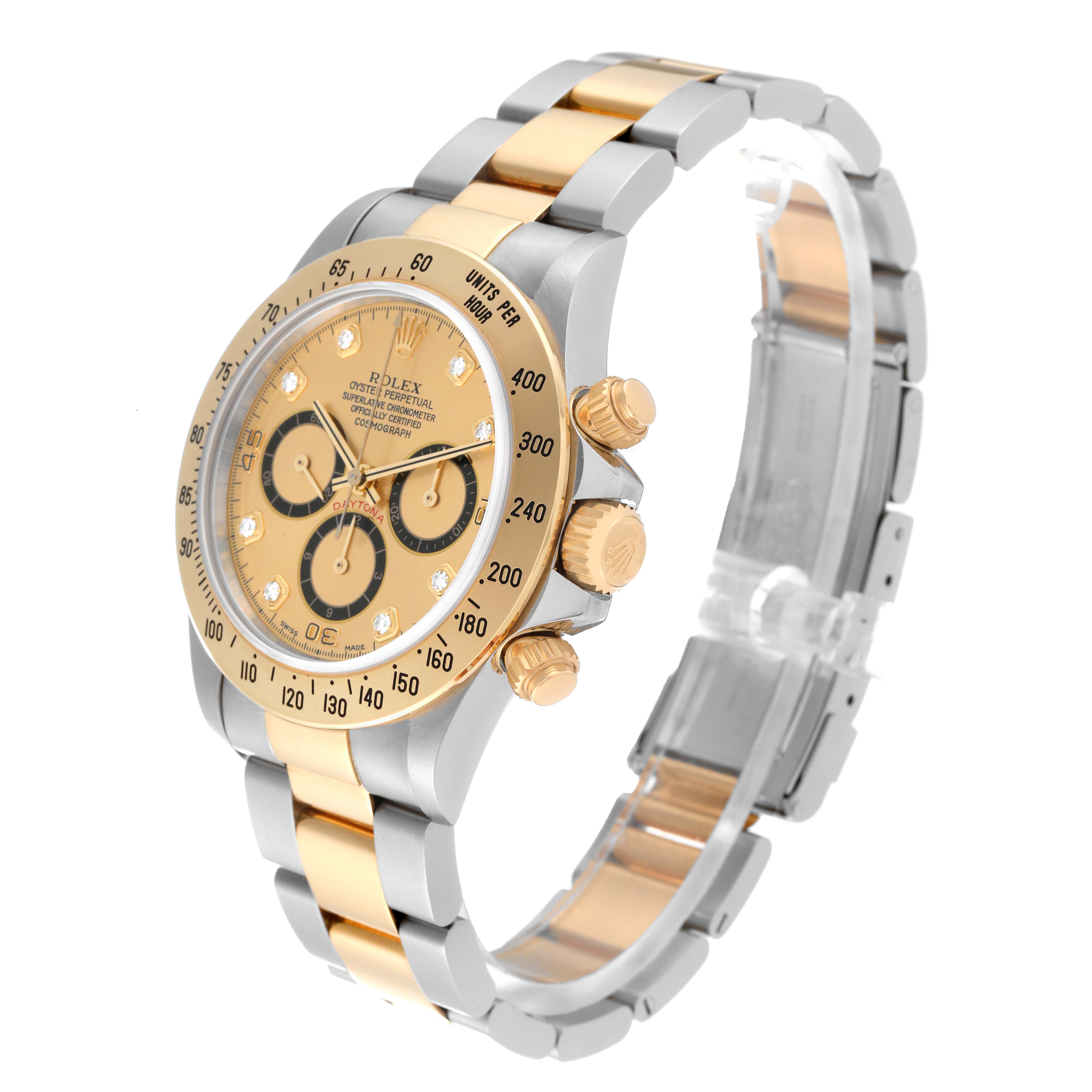 This image shows a Rolex Daytona 16523 Men's Steel and Gold (two tone) Champagne Dial 16523 Men's Steel and Gold (two tone) Champagne Dial watch from a front-side angle, highlighting its dial, bezel, and bracelet.