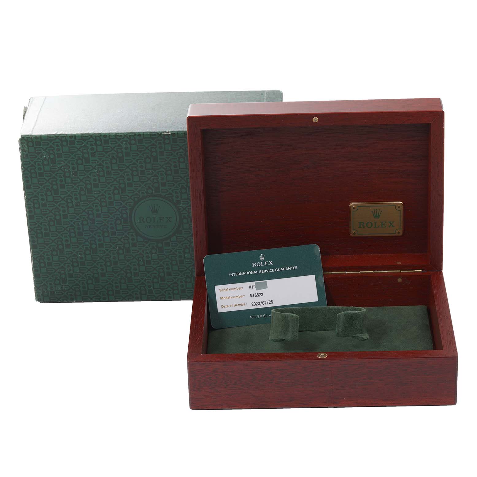 The image shows a green Rolex box and a wooden Rolex Daytona 16523 Men's Steel and Gold (two tone) Champagne Dial 16523 Men's Steel and Gold (two tone) Champagne Dial watch box with an international service guarantee card inside.