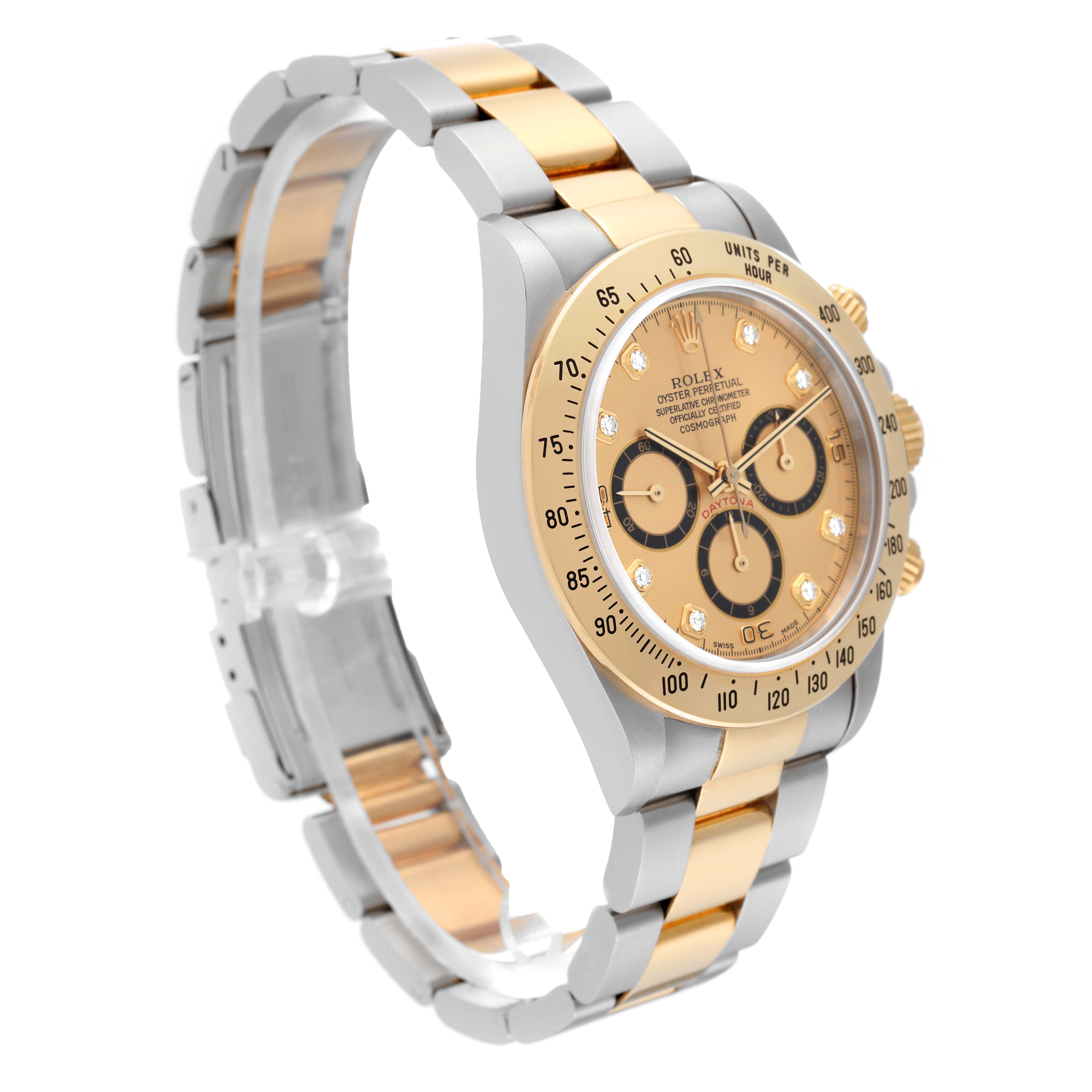 This image shows a Rolex Daytona 16523 Men's Steel and Gold (two tone) Champagne Dial 16523 Men's Steel and Gold (two tone) Champagne Dial watch at an angle highlighting its gold and silver bracelet, bezel, and dial with subdials and diamond markers.