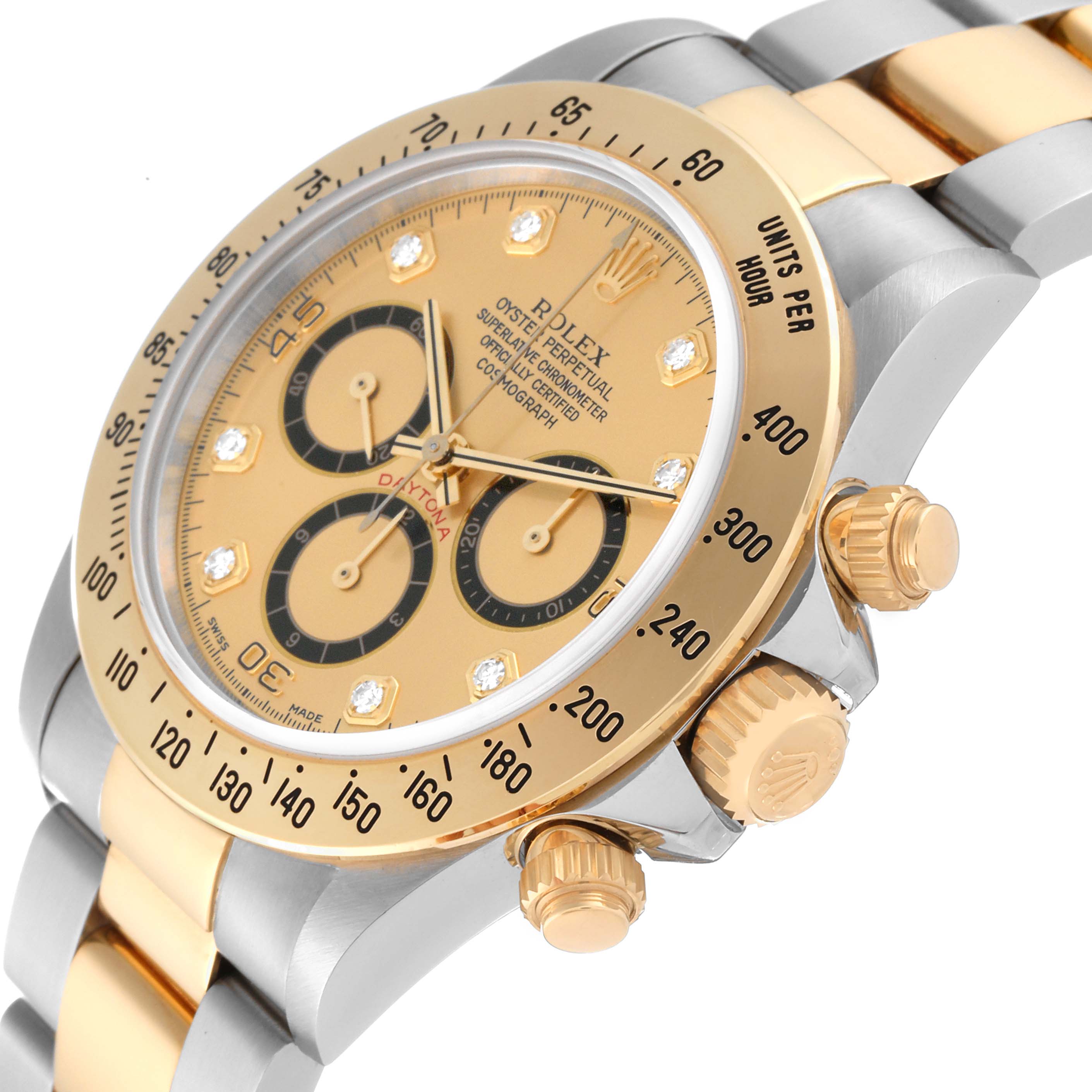 This image shows a close-up angle of the Rolex Daytona 16523 Men's Steel and Gold (two tone) Champagne Dial 16523 Men's Steel and Gold (two tone) Champagne Dial watch, highlighting its dial, bezel, crown, and part of the bracelet.