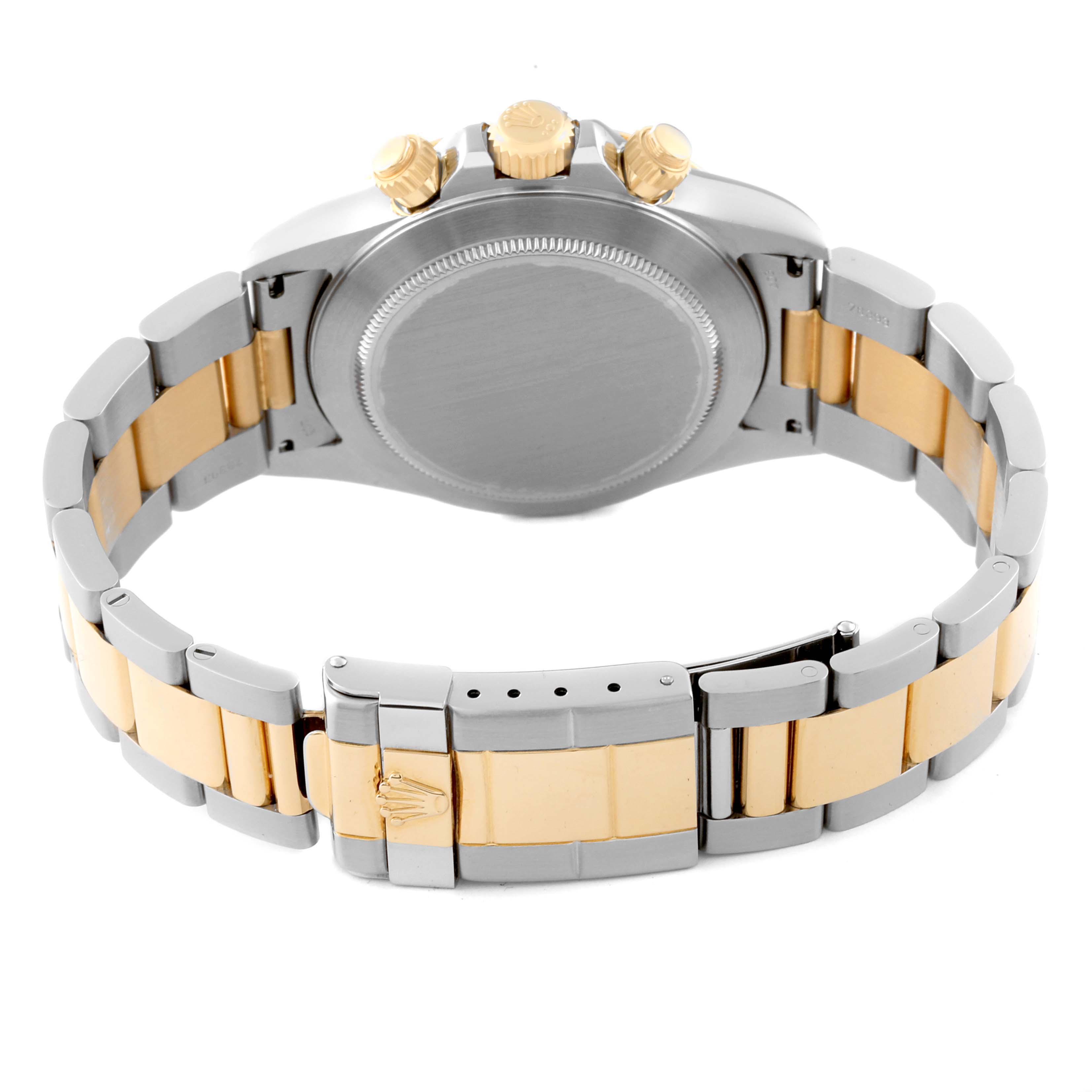 This image shows the back view of a Rolex Daytona 16523 Men's Steel and Gold (two tone) Champagne Dial 16523 Men's Steel and Gold (two tone) Champagne Dial watch displaying the bracelet and the closed case back.