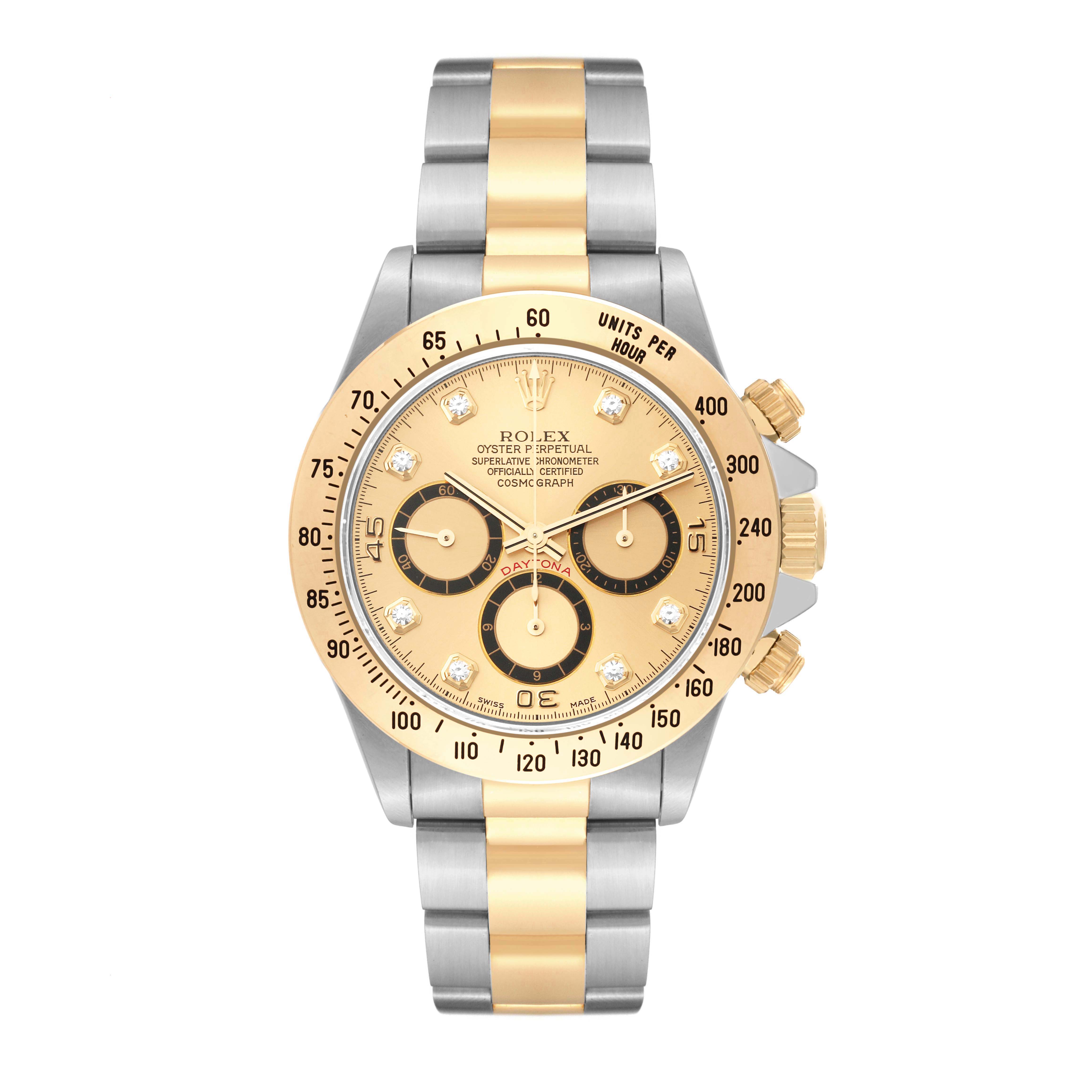 This Rolex Daytona 16523 Men's Steel and Gold (two tone) Champagne Dial 16523 Men's Steel and Gold (two tone) Champagne Dial watch is shown from the front, highlighting the dial, bezel, chronograph subdials, and two-tone bracelet.