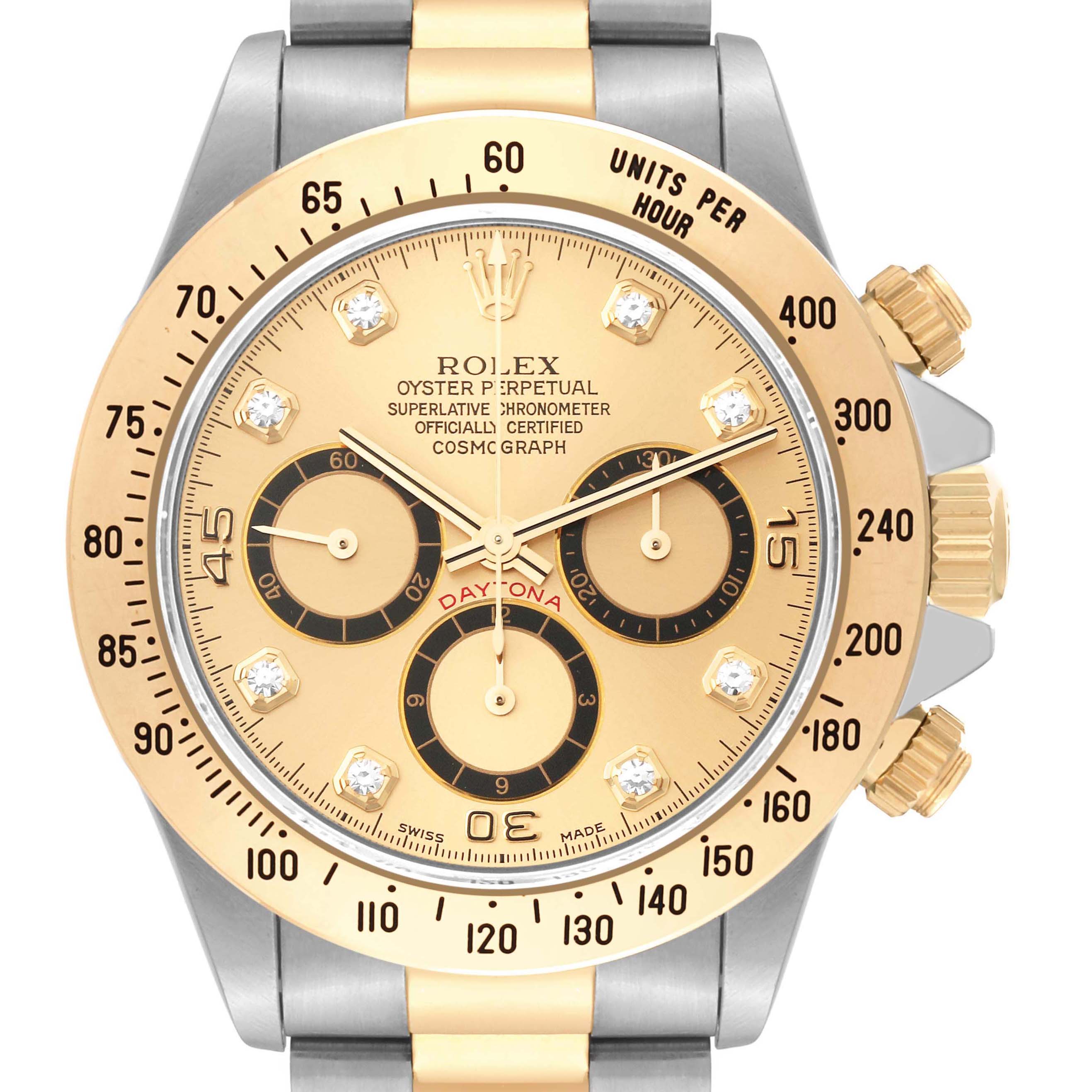This image shows a front view of a Rolex Daytona 16523 Men's Steel and Gold (two tone) Champagne Dial 16523 Men's Steel and Gold (two tone) Champagne Dial watch, highlighting its face, bezel, and chronograph subdials.