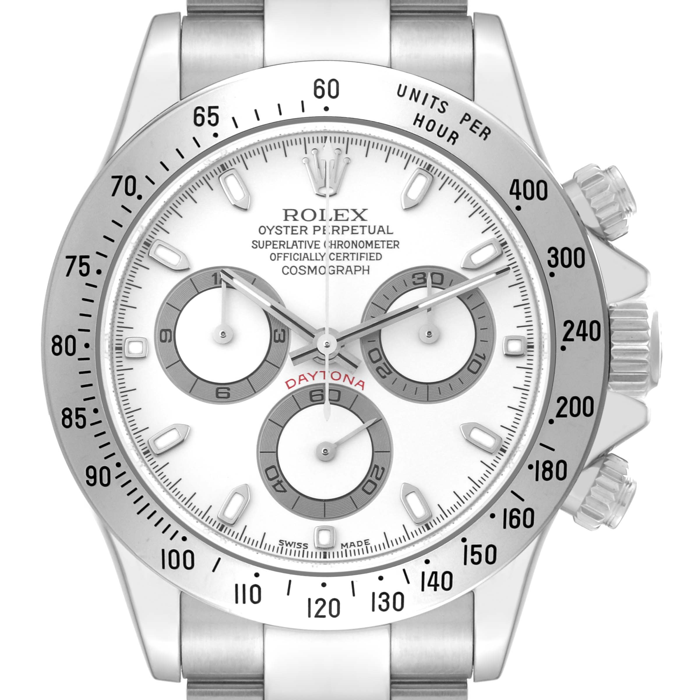 This image shows a frontal view of a Rolex Daytona 116520 Men's Stainless Steel White Dial 116520 Men's Stainless Steel White Dial watch, detailing its face, sub-dials, bezel, and crown.