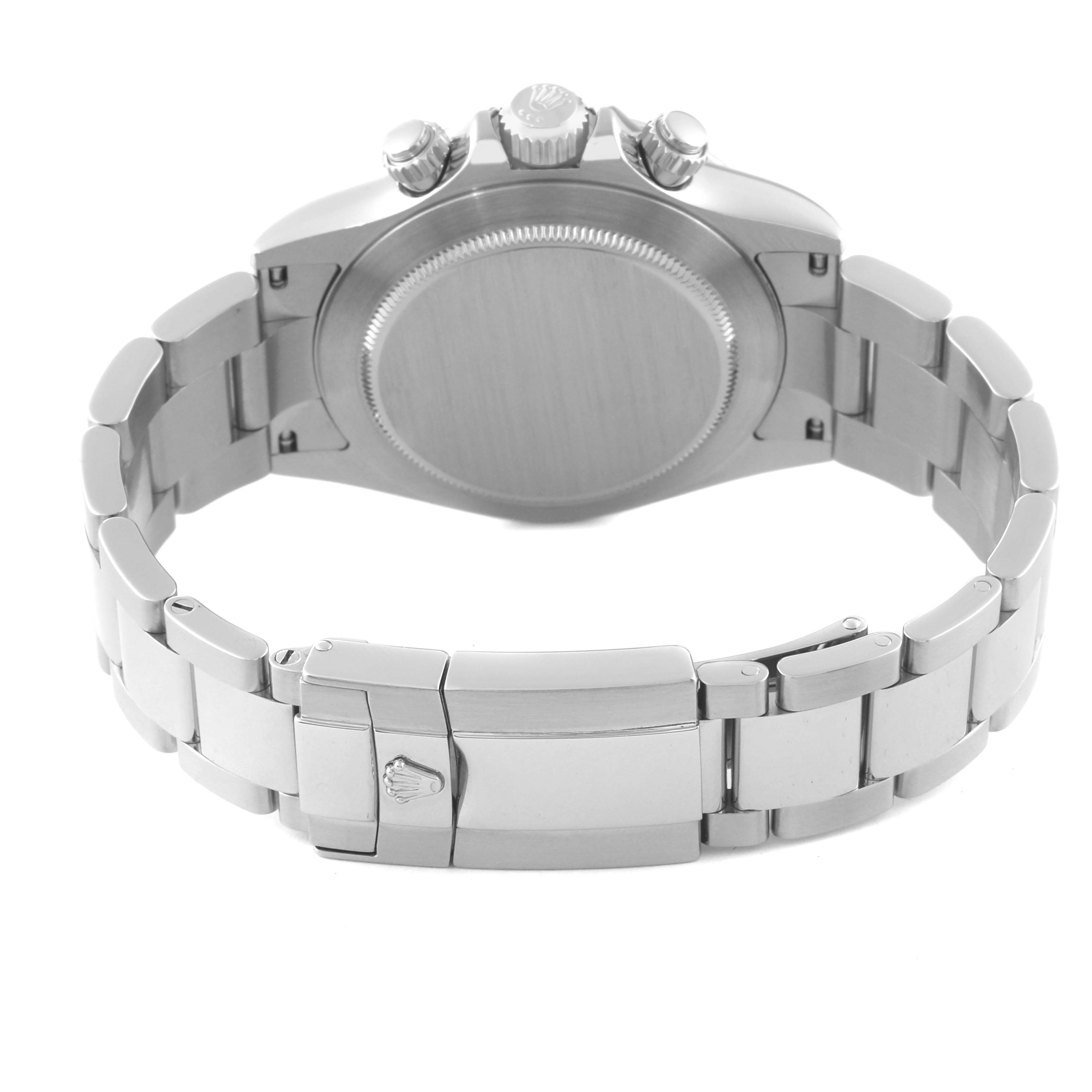 This image shows the back case and clasp of a Rolex Daytona 116520 Men's Stainless Steel White Dial 116520 Men's Stainless Steel White Dial watch, viewed from the rear.