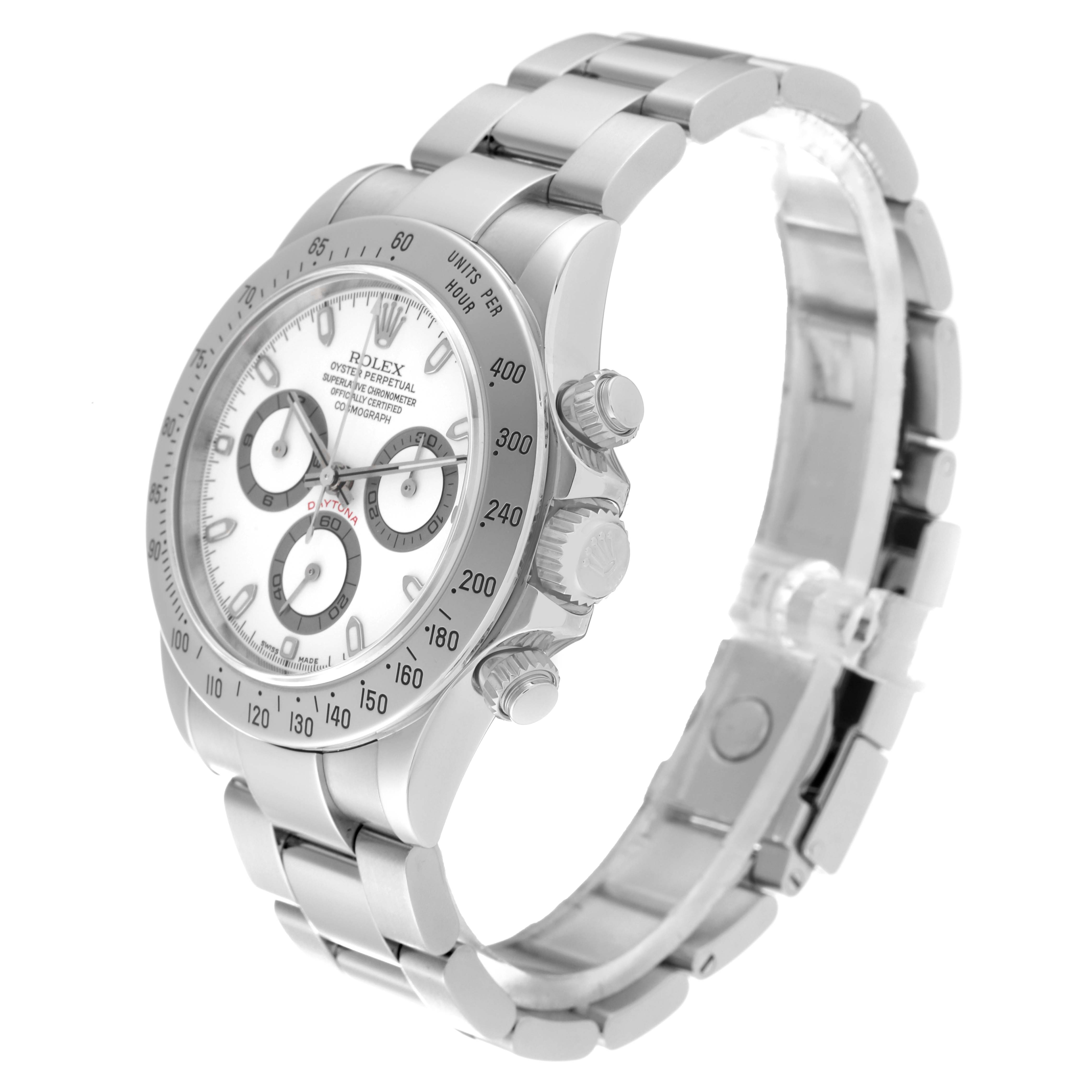 This image showcases a Rolex Daytona 116520 Men's Stainless Steel White Dial 116520 Men's Stainless Steel White Dial watch at a three-quarter angle, highlighting the straps, face, and side buttons.