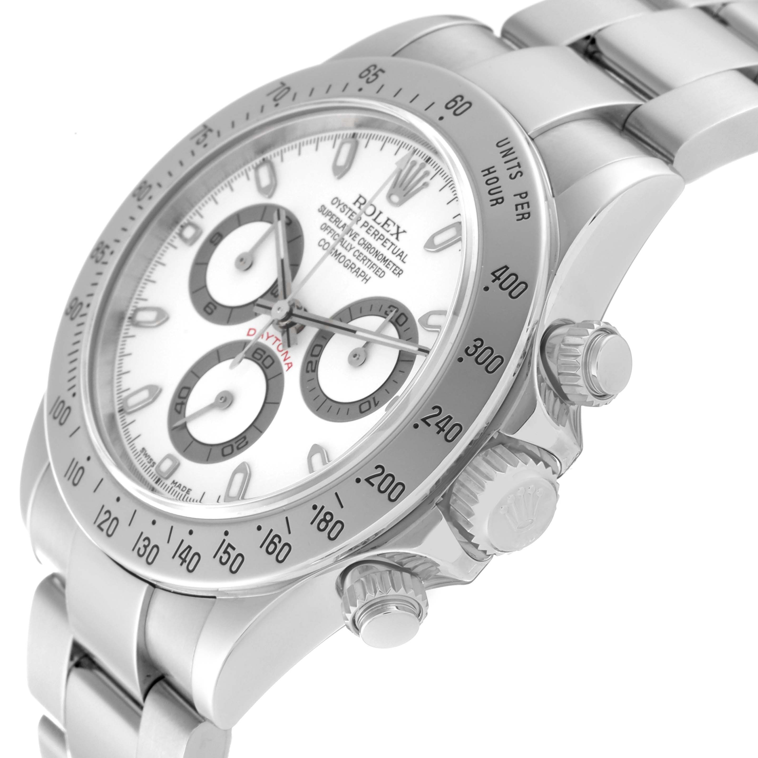 The Rolex Daytona 116520 Men's Stainless Steel White Dial 116520 Men's Stainless Steel White Dial watch is shown at a three-quarter angle, highlighting the bezel, crown, pushers, and part of the bracelet.