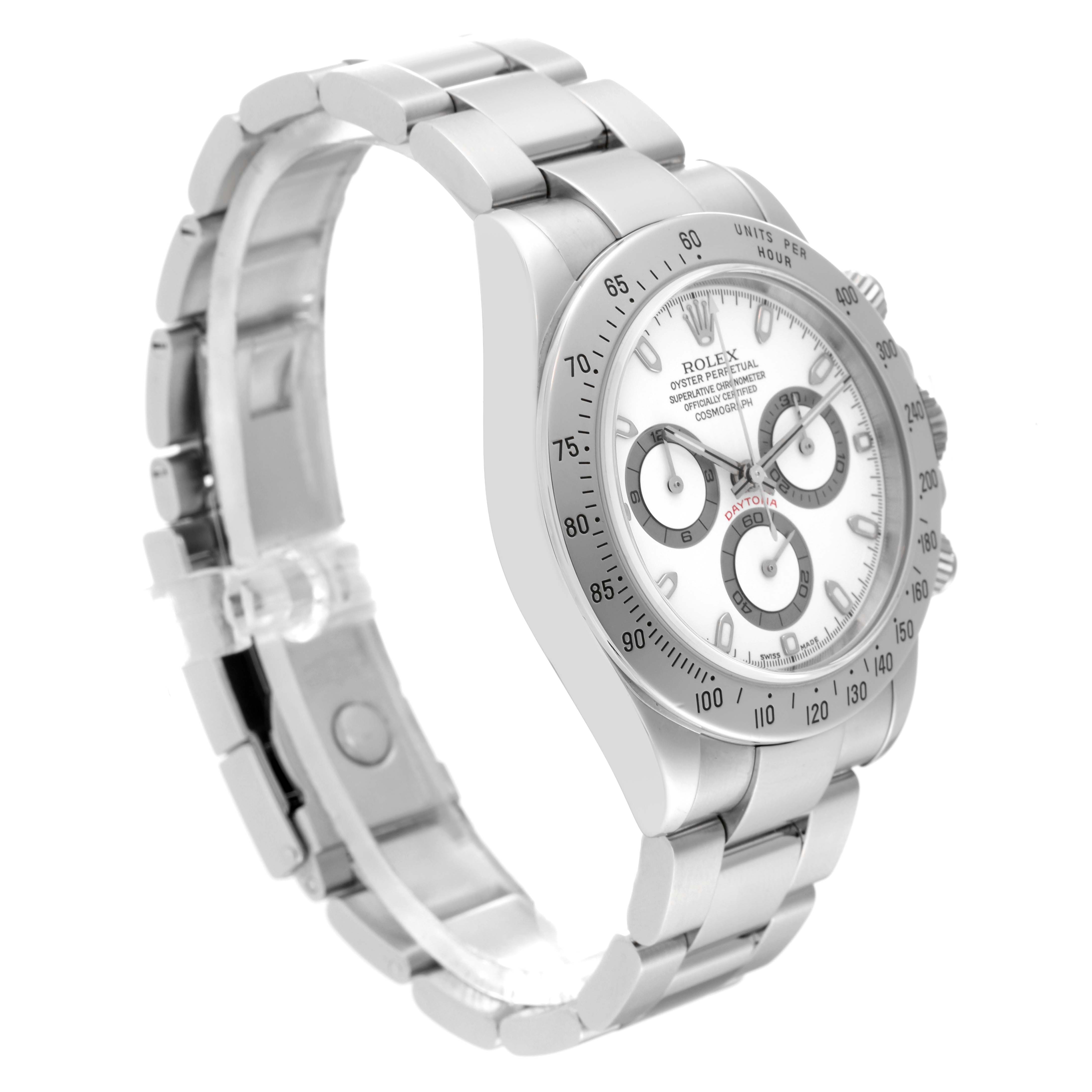 The image shows a side and front angle view of a Rolex Daytona 116520 Men's Stainless Steel White Dial 116520 Men's Stainless Steel White Dial watch, including its bracelet and bezel.
