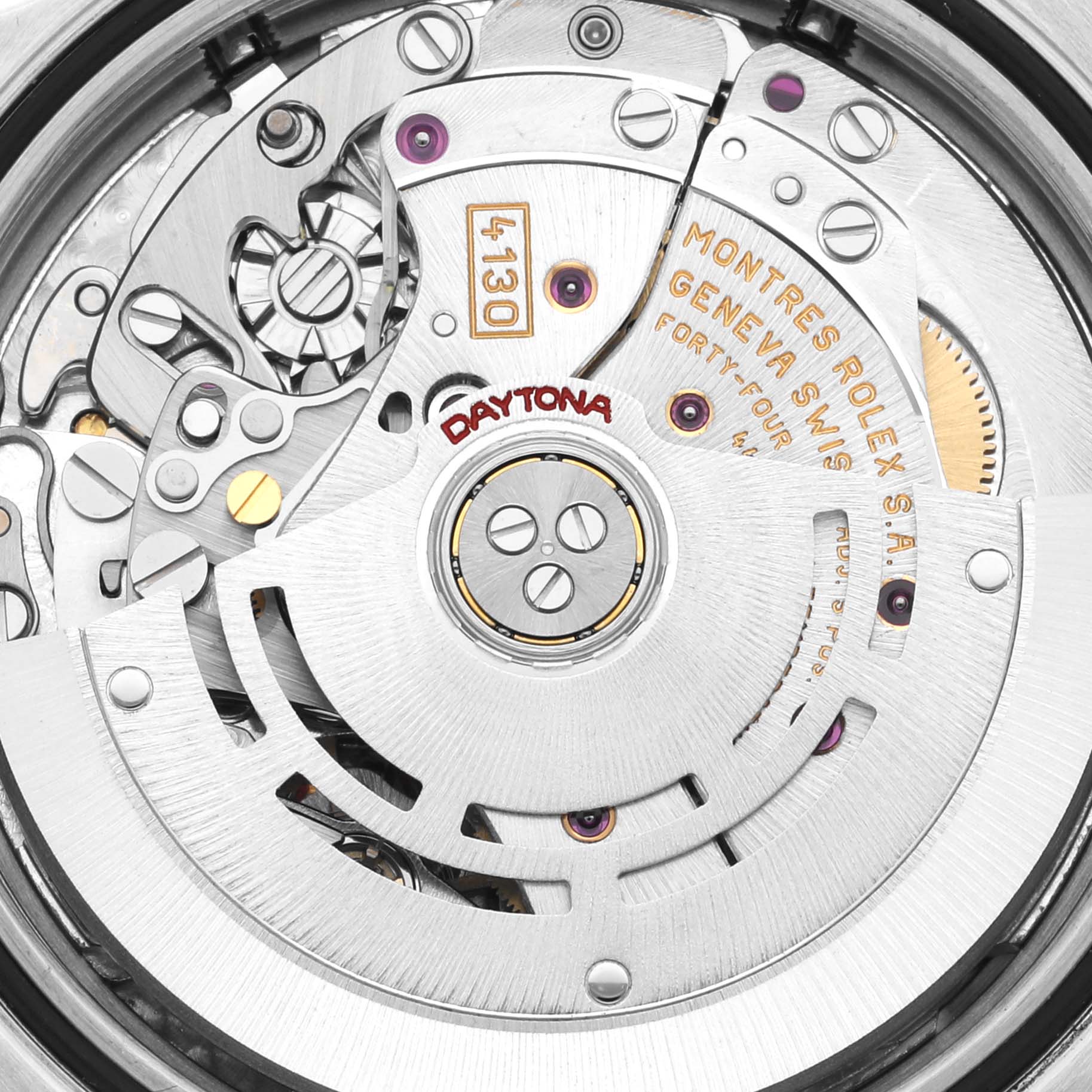 This image shows a close-up, detailed view of the movement mechanism inside a Rolex Daytona 116520 Men's Stainless Steel White Dial 116520 Men's Stainless Steel White Dial watch.