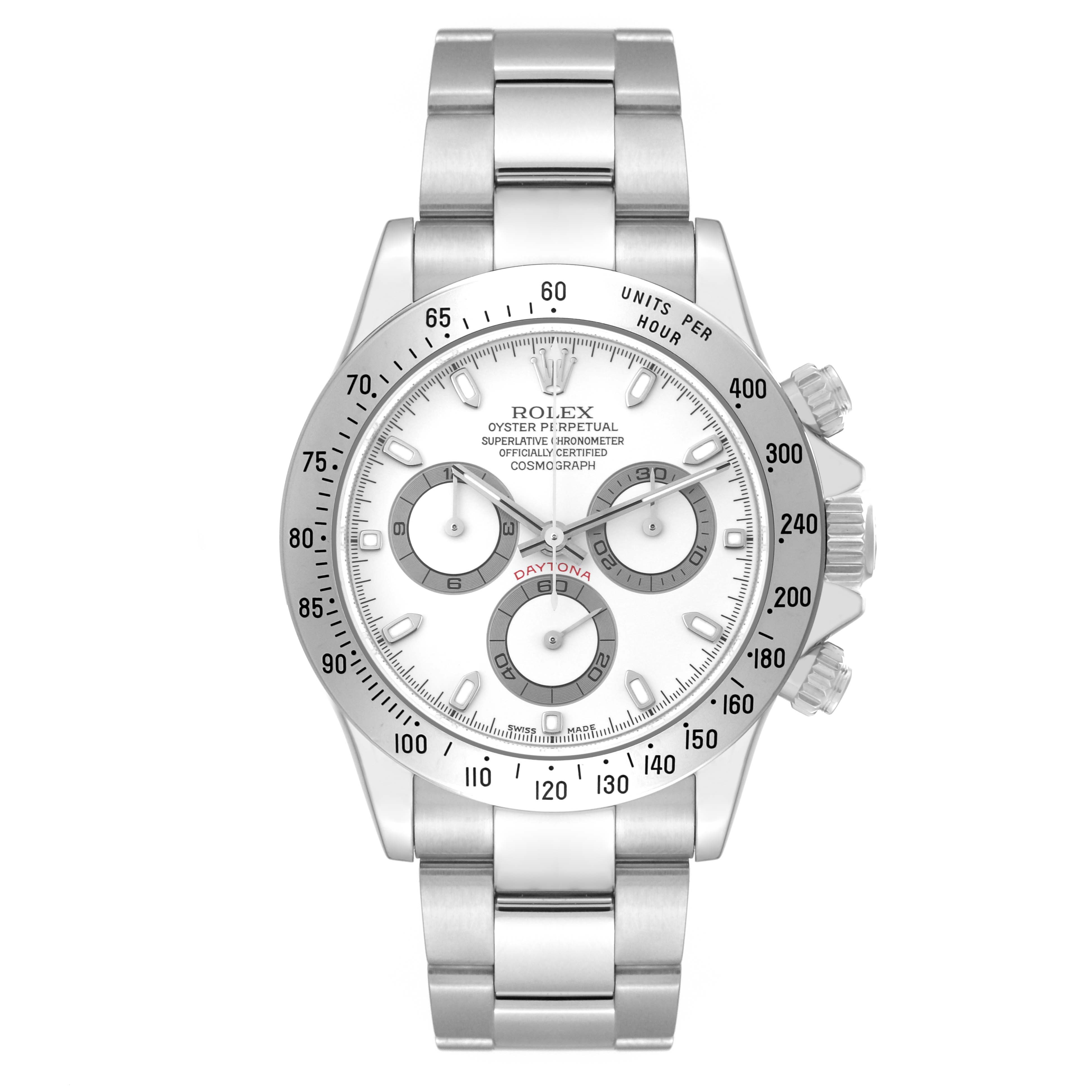 The image shows a front view of a Rolex Daytona 116520 Men's Stainless Steel White Dial 116520 Men's Stainless Steel White Dial watch, displaying its face, bezel, and bracelet.
