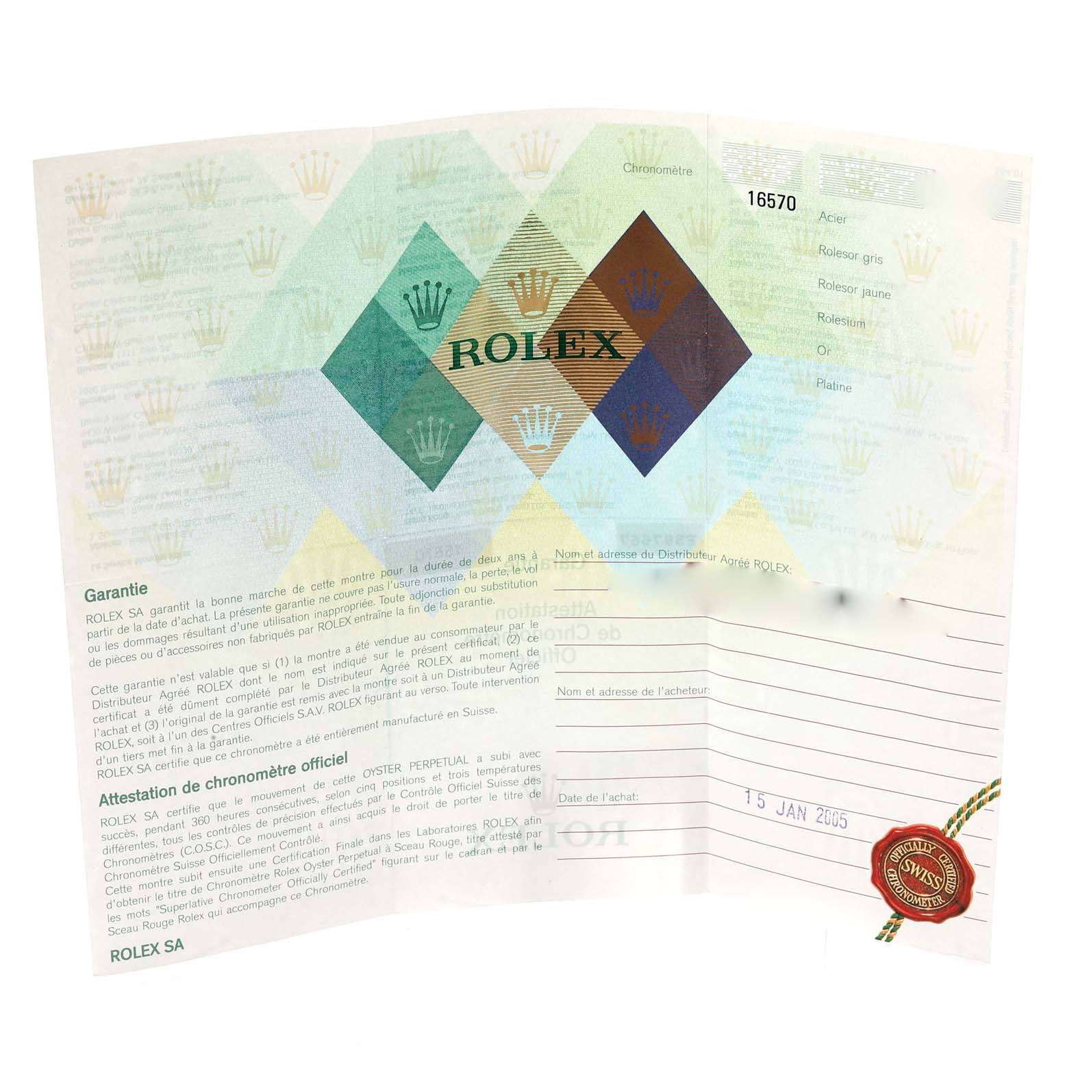 The image shows documentation for a Rolex Explorer 16570 Men
s Stainless Steel Black Dial 16570 Men
s Stainless Steel Black Dial model, including warranty details and chronometer certification.