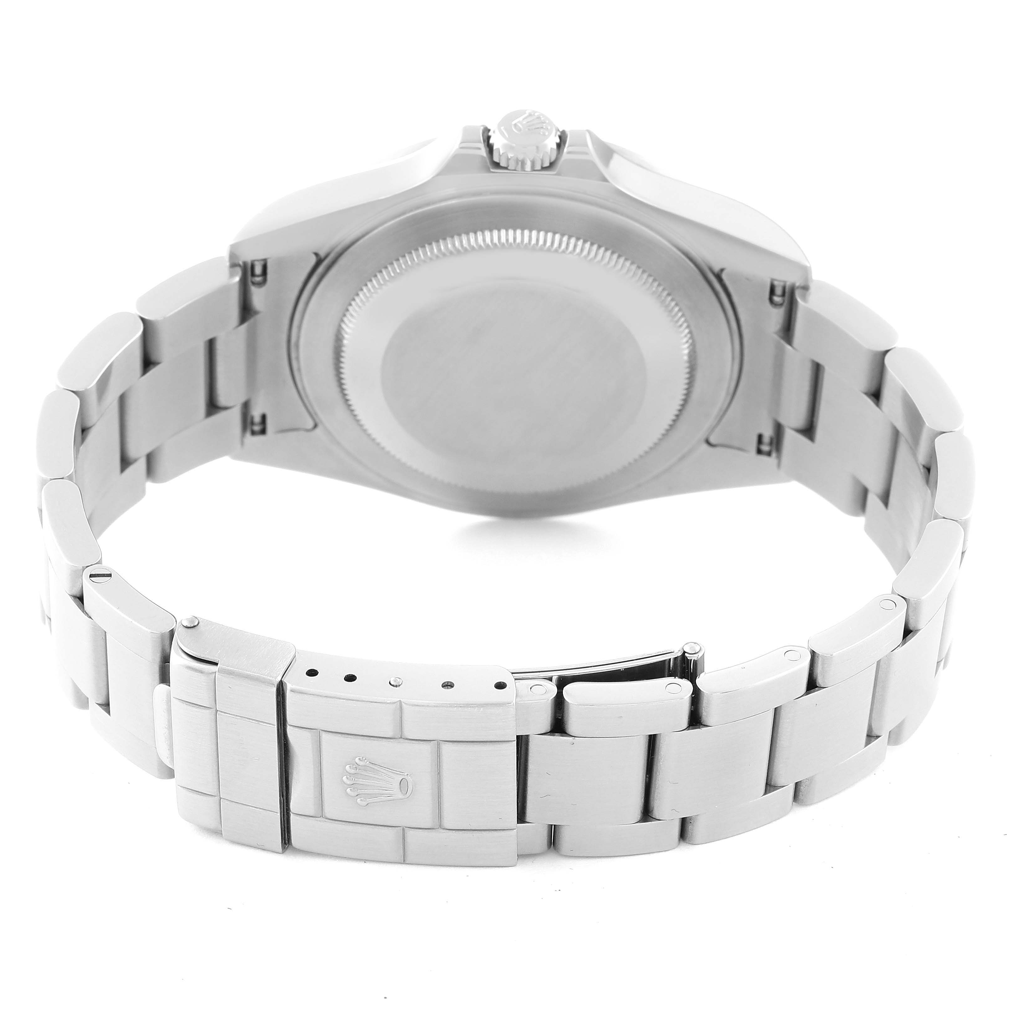 This image shows the back view of a Rolex Explorer 16570 Men
s Stainless Steel Black Dial 16570 Men
s Stainless Steel Black Dial watch, featuring its clasp and bracelet.