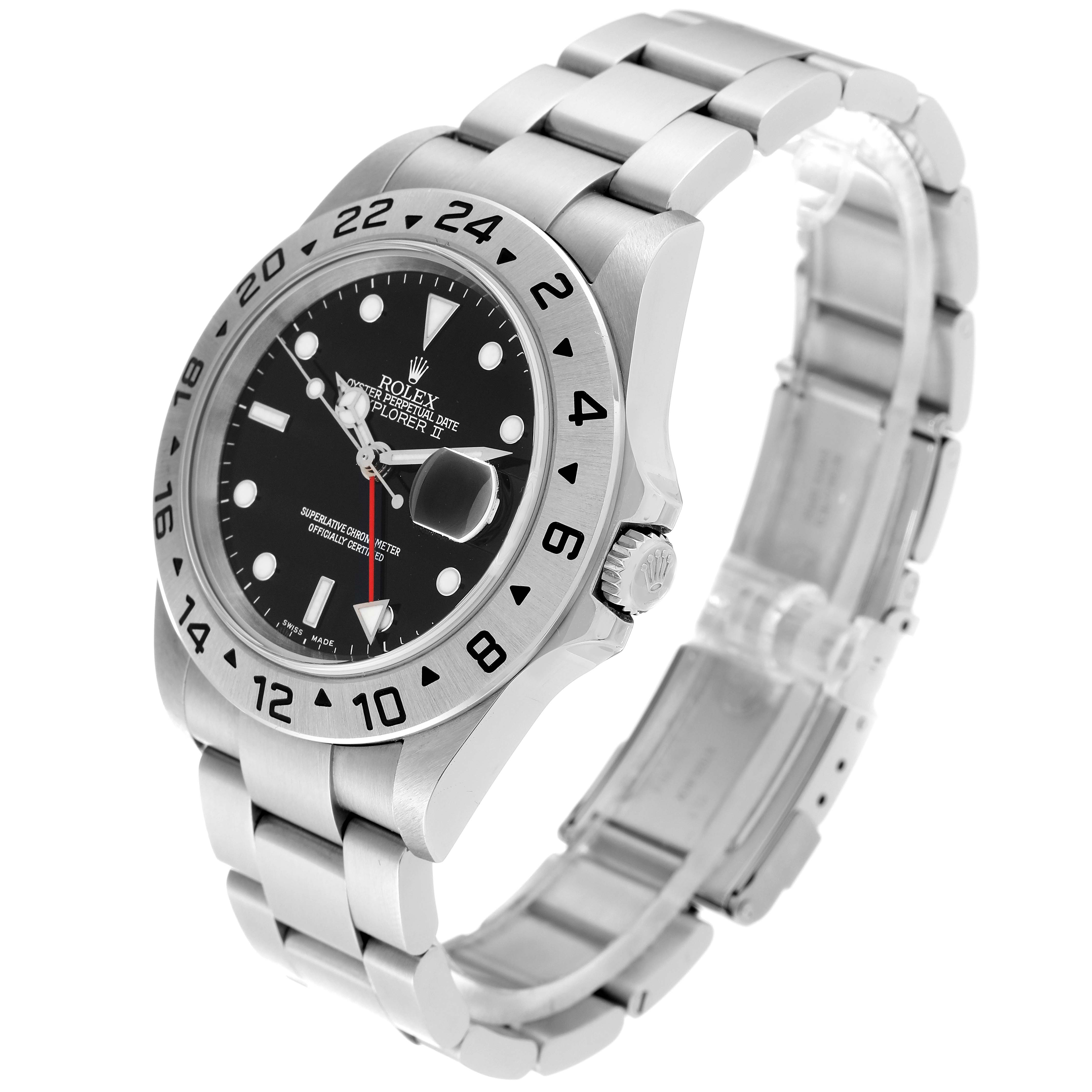 The Rolex Explorer 16570 Men
s Stainless Steel Black Dial 16570 Men
s Stainless Steel Black Dial watch is shown at a slight angle, highlighting the face, bezel, crown, and part of the bracelet.