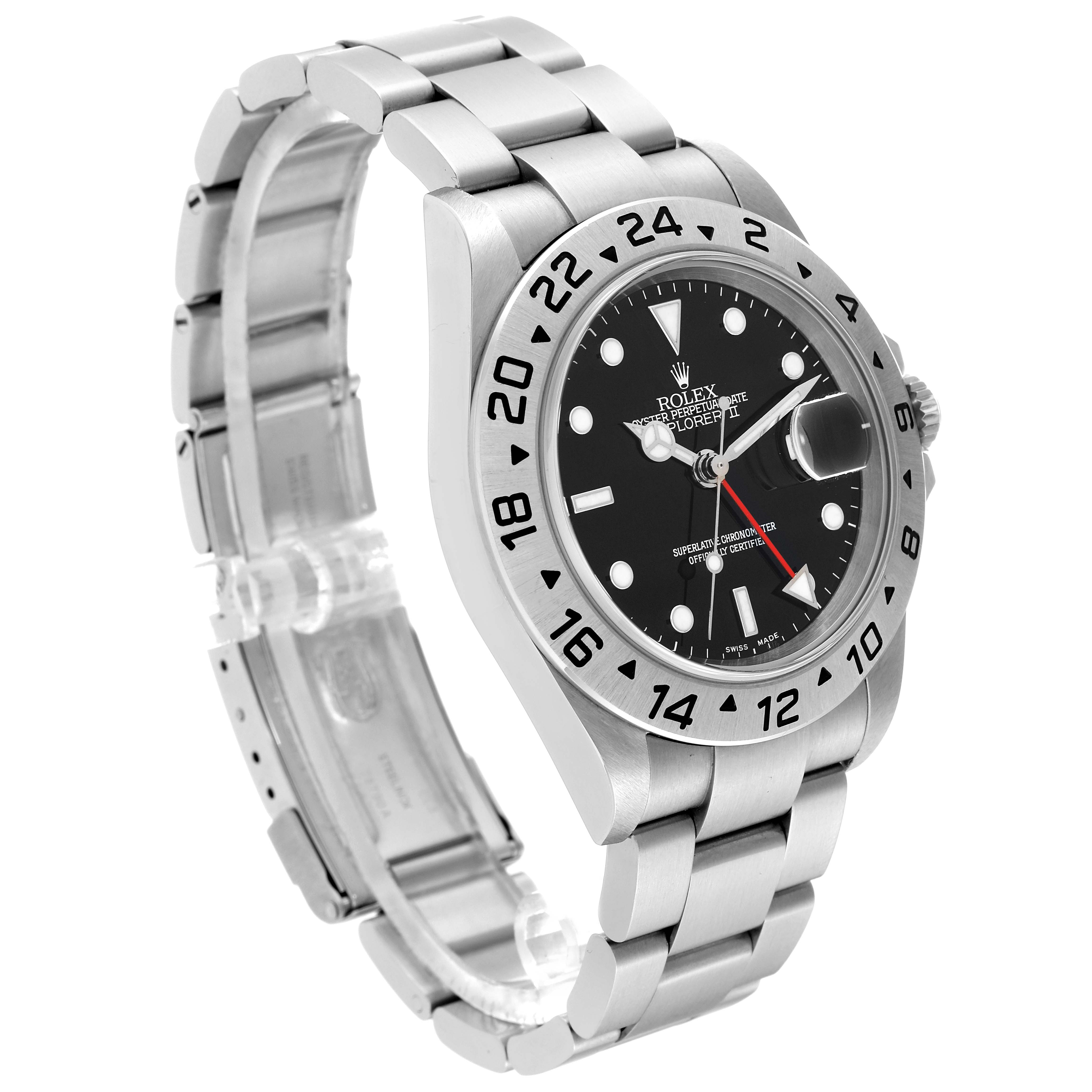 The Rolex Explorer 16570 Men
s Stainless Steel Black Dial 16570 Men
s Stainless Steel Black Dial model watch is shown at a three-quarter angle, highlighting its face, bezel, and part of the bracelet.