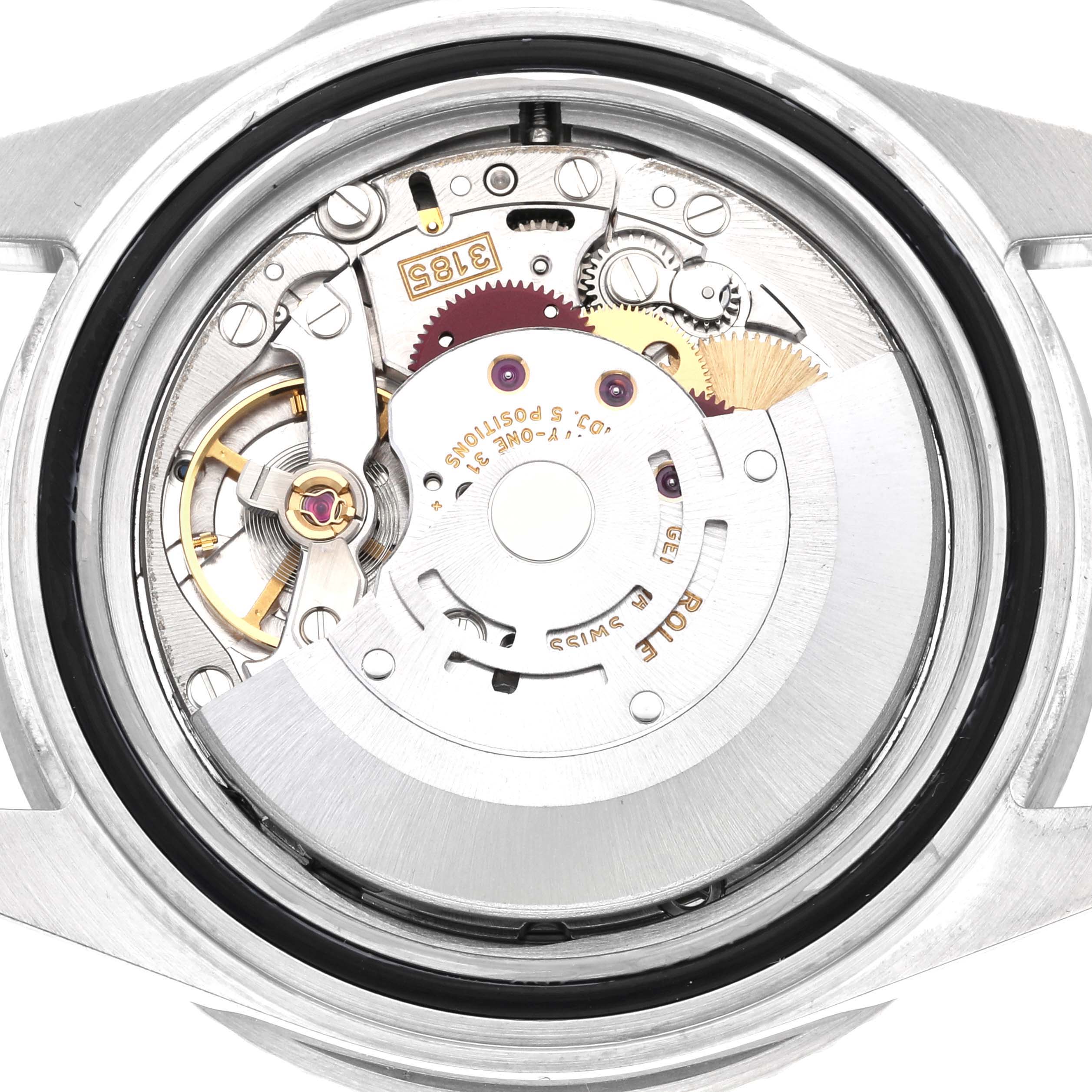 This image shows the open case back of a Rolex GMT-Master 16710 Men's Stainless Steel Black Dial 16710 Men's Stainless Steel Black Dial, revealing the movement and inner mechanisms of the watch.