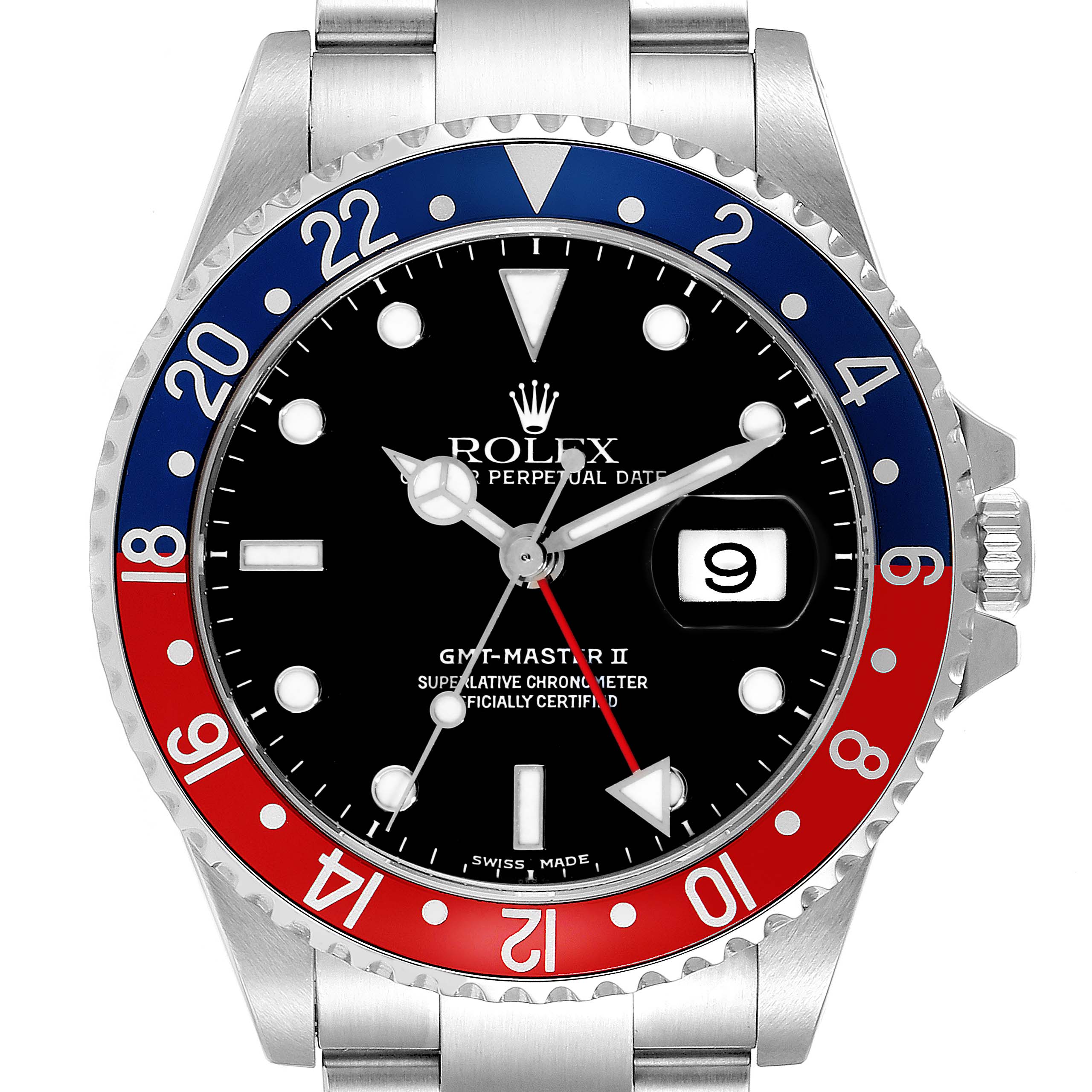 The image shows a front view of a Rolex GMT-Master 16710 Men's Stainless Steel Black Dial 16710 Men's Stainless Steel Black Dial II watch, displaying the dial, bezel, hour markers, and bracelet attachment points.