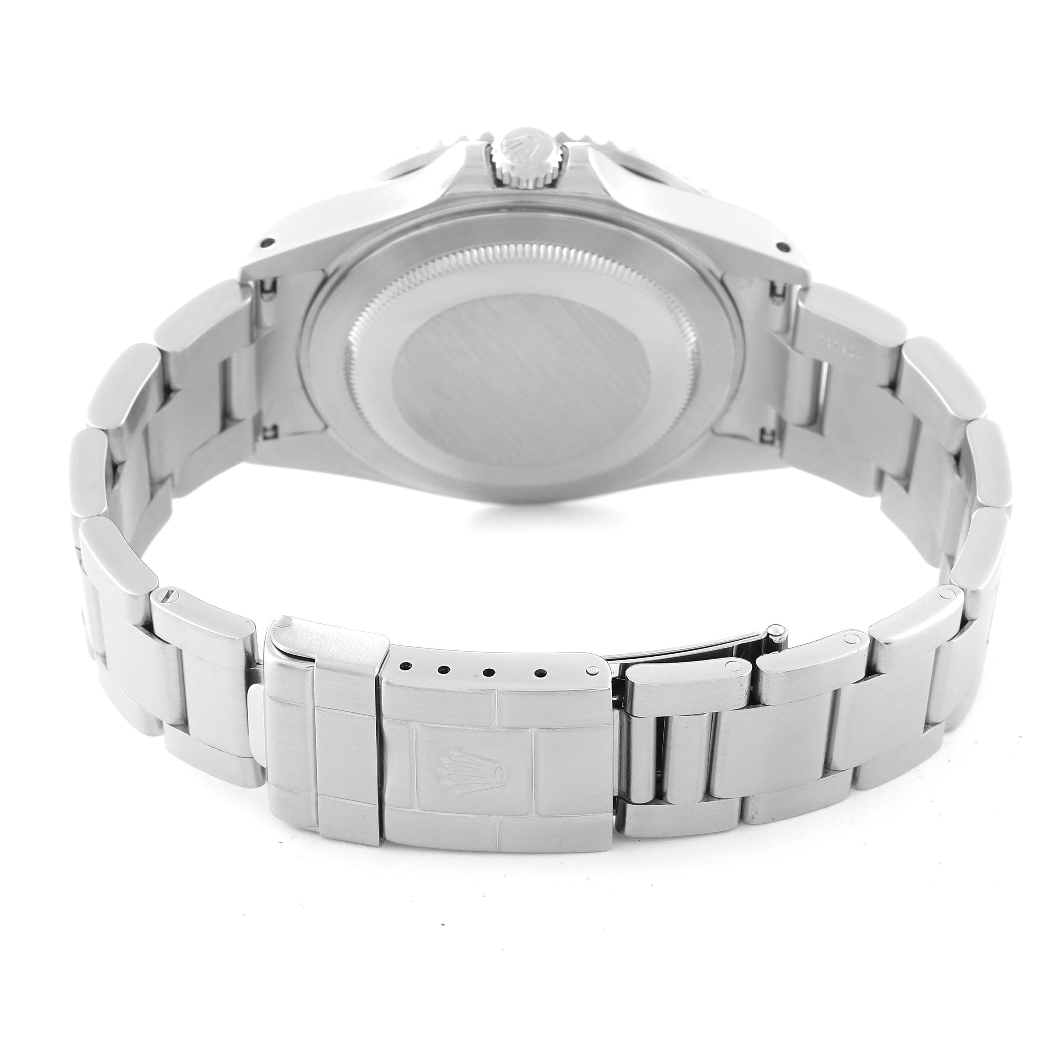 The image shows the back view of a Rolex GMT-Master 16710 Men's Stainless Steel Black Dial 16710 Men's Stainless Steel Black Dial watch, highlighting the case back and the clasp of the bracelet.