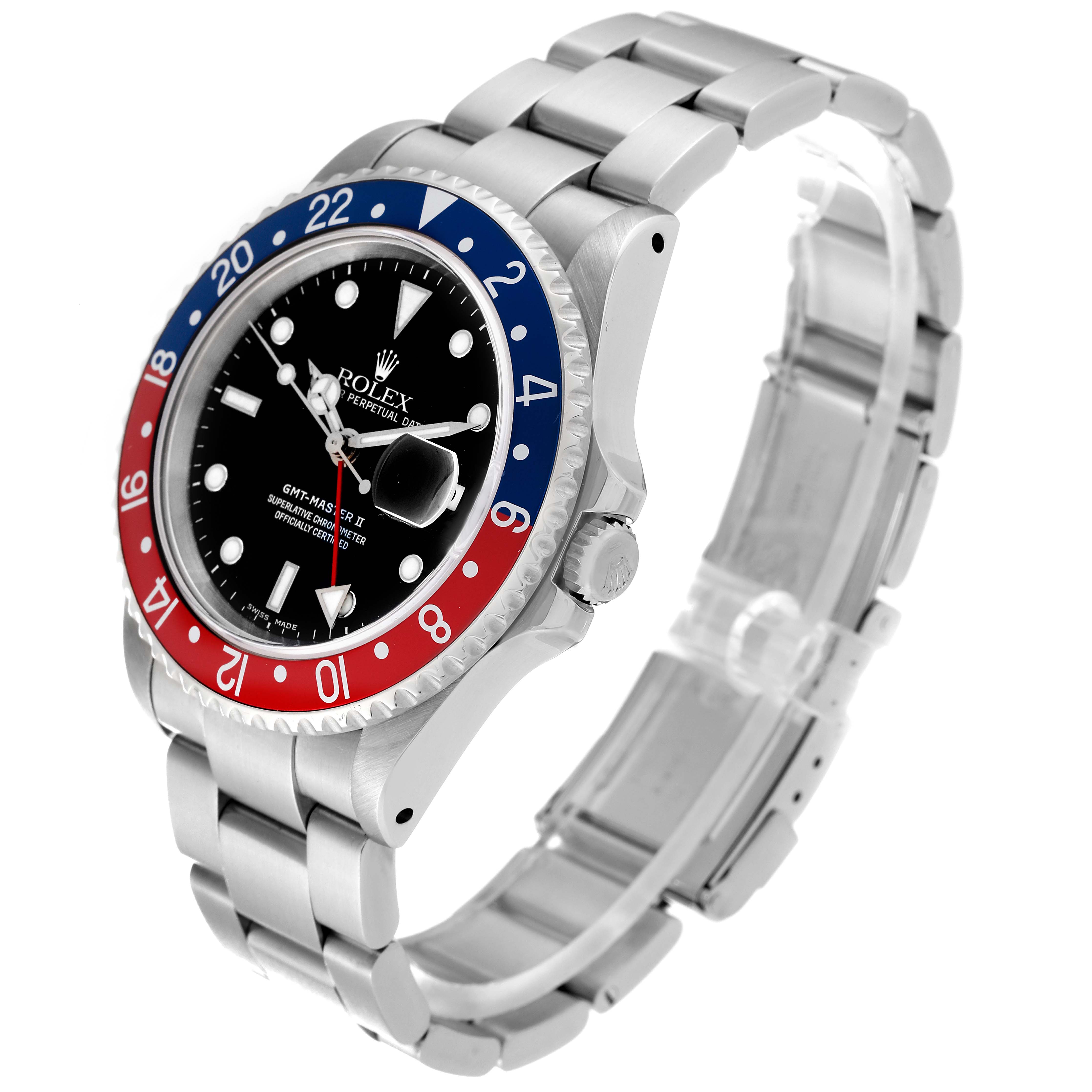 The image shows a side angle of the Rolex GMT-Master 16710 Men's Stainless Steel Black Dial 16710 Men's Stainless Steel Black Dial watch displaying the bezel, dial, crown, and bracelet.