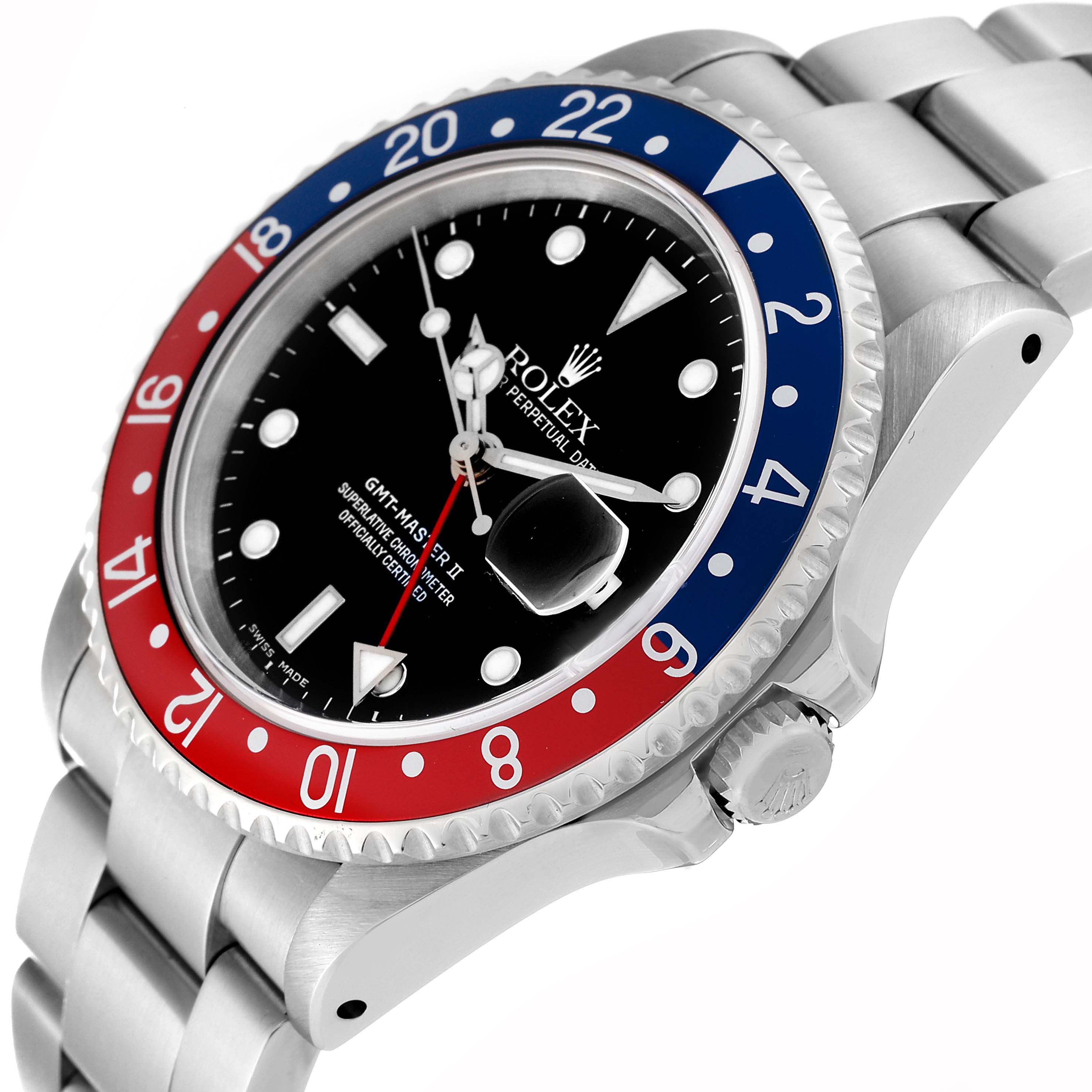The image shows a close-up angle of the Rolex GMT-Master 16710 Men's Stainless Steel Black Dial 16710 Men's Stainless Steel Black Dial II, highlighting the bezel, crown, and part of the bracelet.