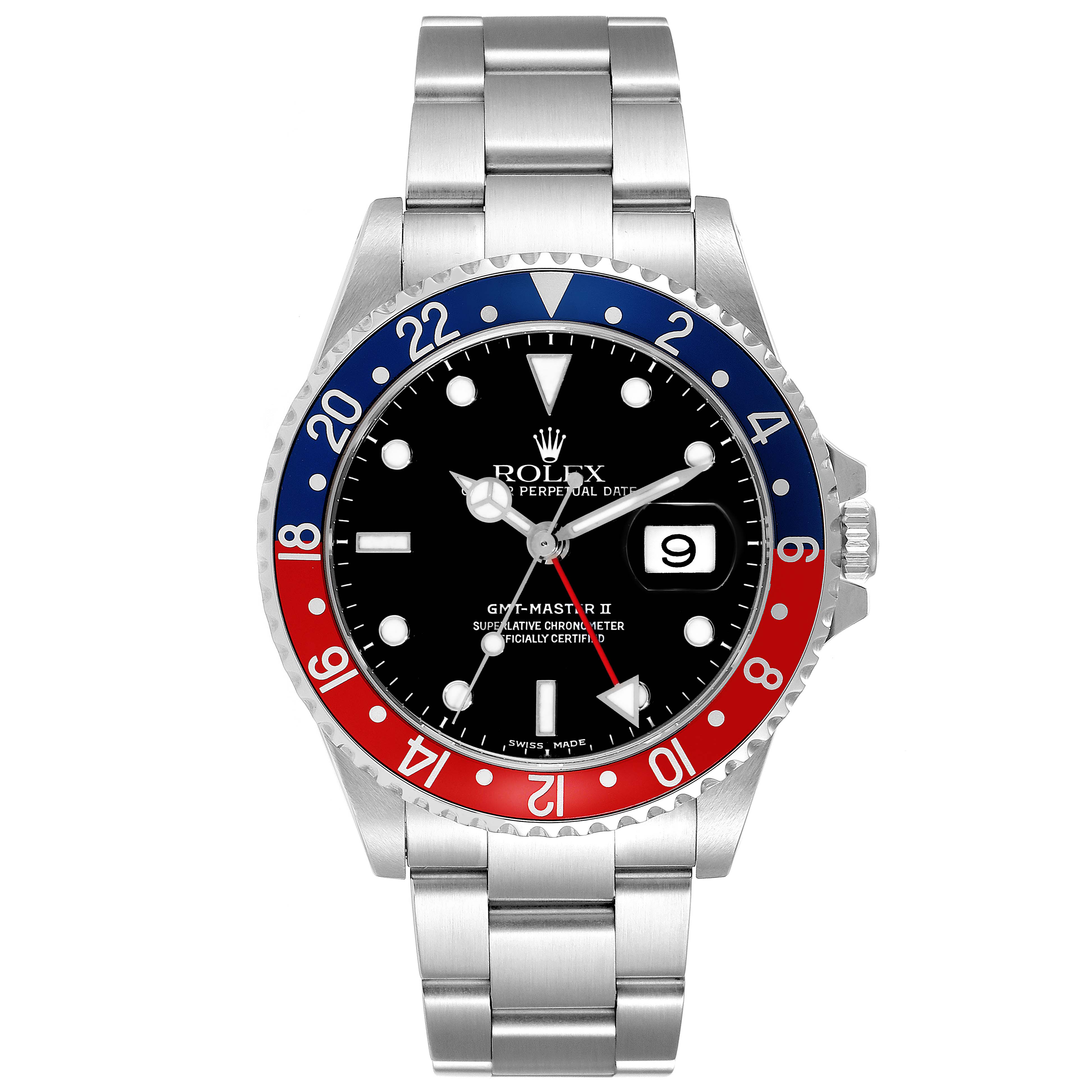 This image shows a frontal view of the Rolex GMT-Master 16710 Men's Stainless Steel Black Dial 16710 Men's Stainless Steel Black Dial II watch, highlighting its dial, bezel, and bracelet.