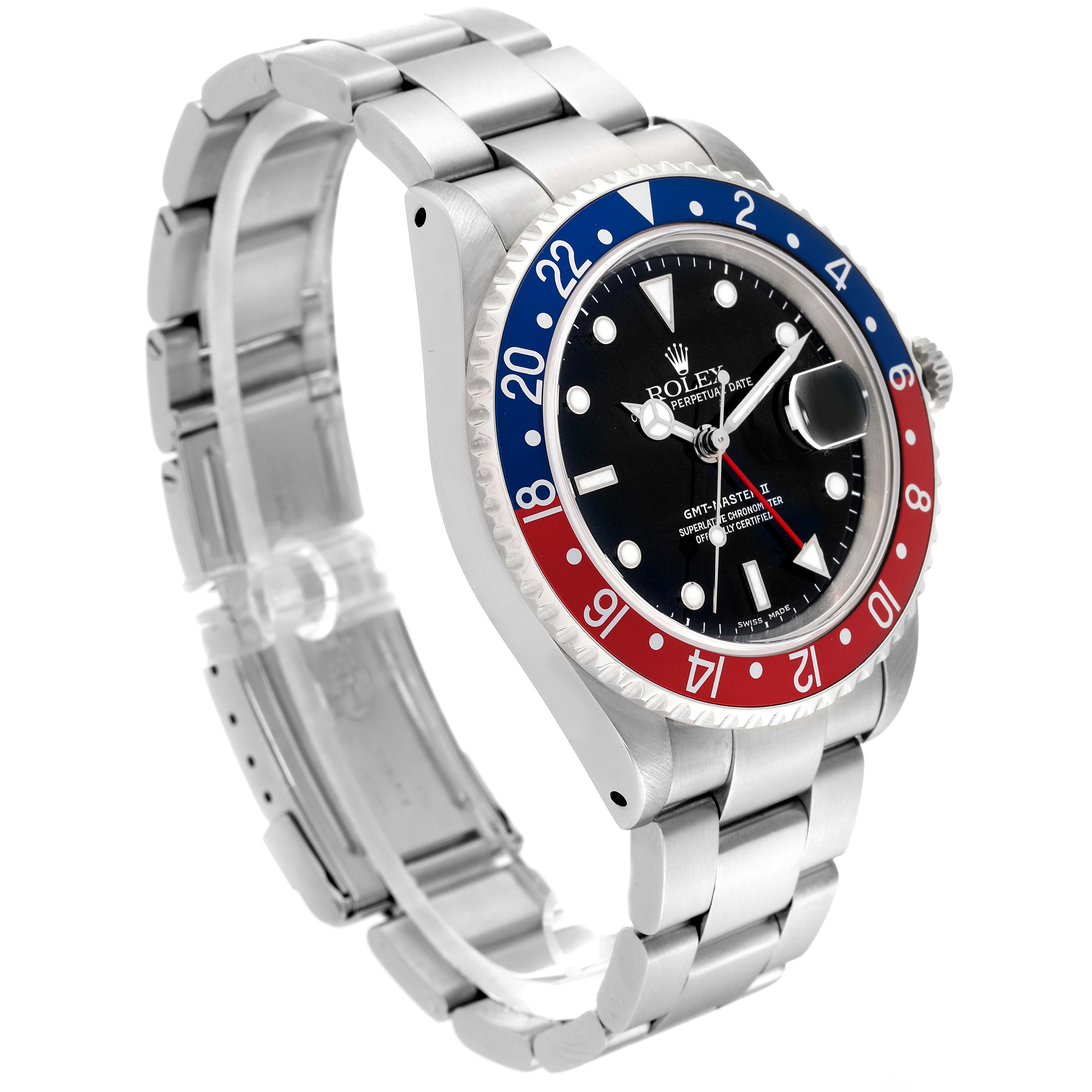 The Rolex GMT-Master 16710 Men's Stainless Steel Black Dial 16710 Men's Stainless Steel Black Dial watch is shown at a three-quarter angle, highlighting its bezel, dial, and bracelet.
