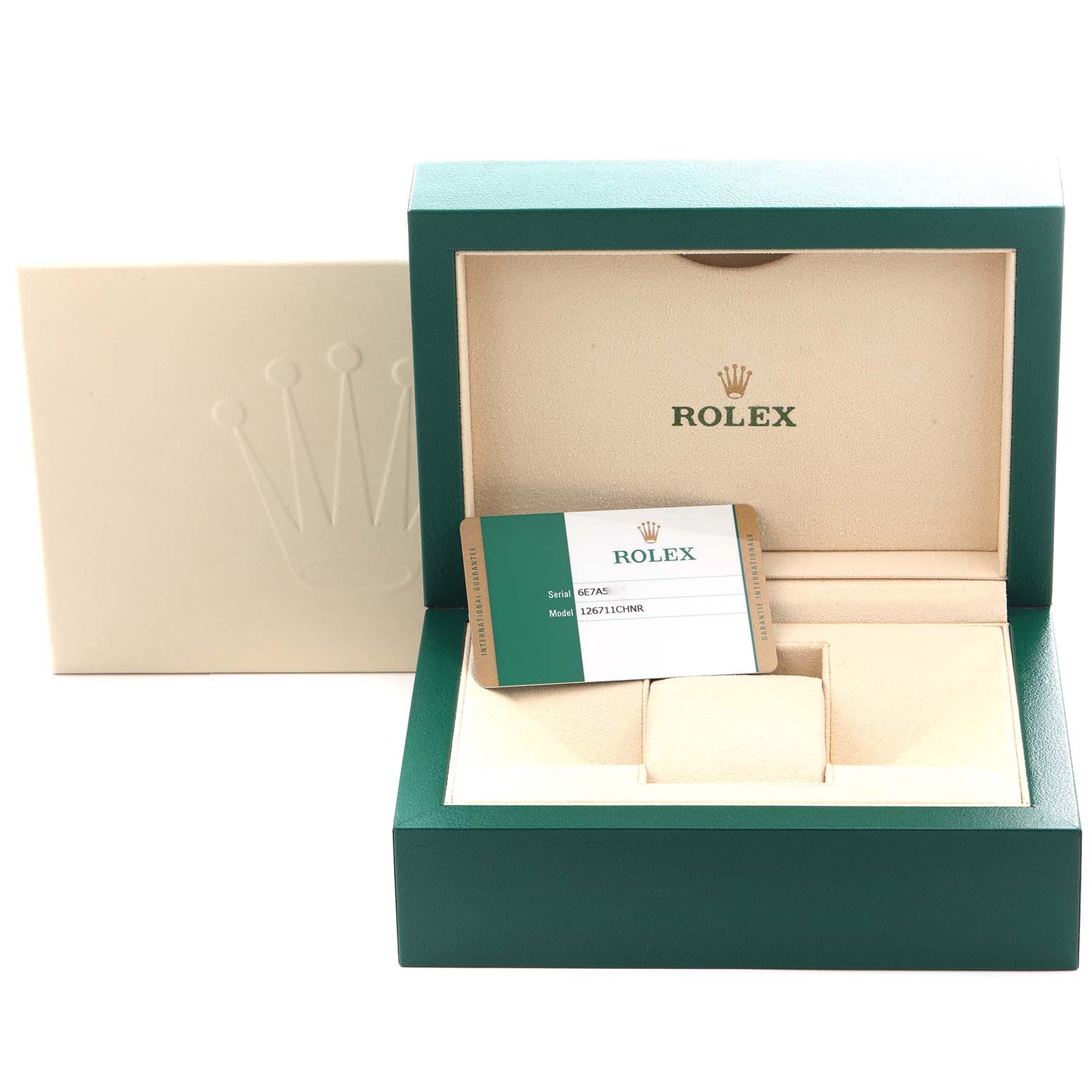 The image shows a Rolex GMT-Master 126711CHNR Men
s Steel and Gold (two tone) Black Dial 126711CHNR Men
s Steel and Gold (two tone) Black Dial watch box, warranty card, and packaging from a front angle.