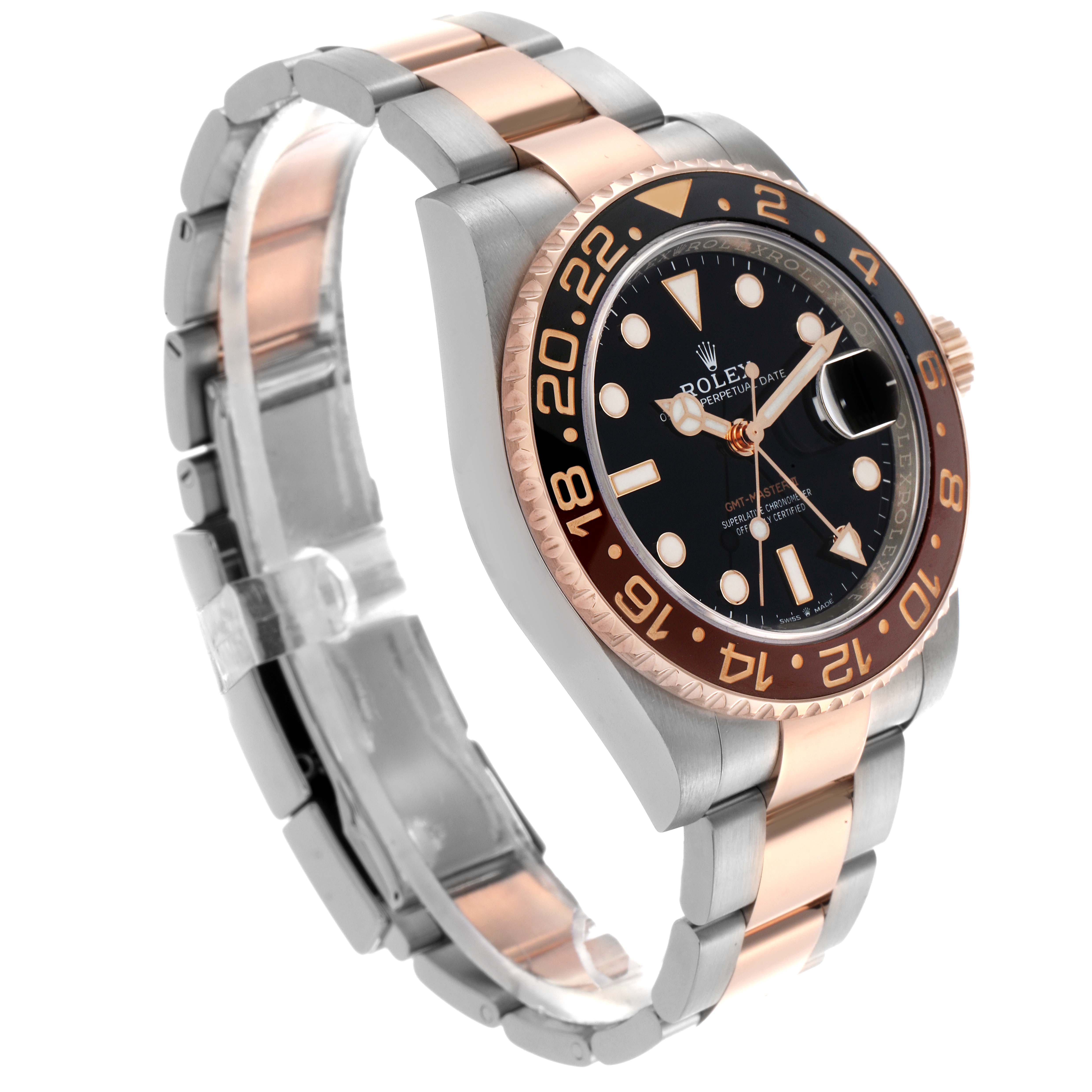 The Rolex GMT-Master 126711CHNR Men
s Steel and Gold (two tone) Black Dial 126711CHNR Men
s Steel and Gold (two tone) Black Dial is shown at a three-quarter angle, featuring its two-tone bracelet and bezel clearly.