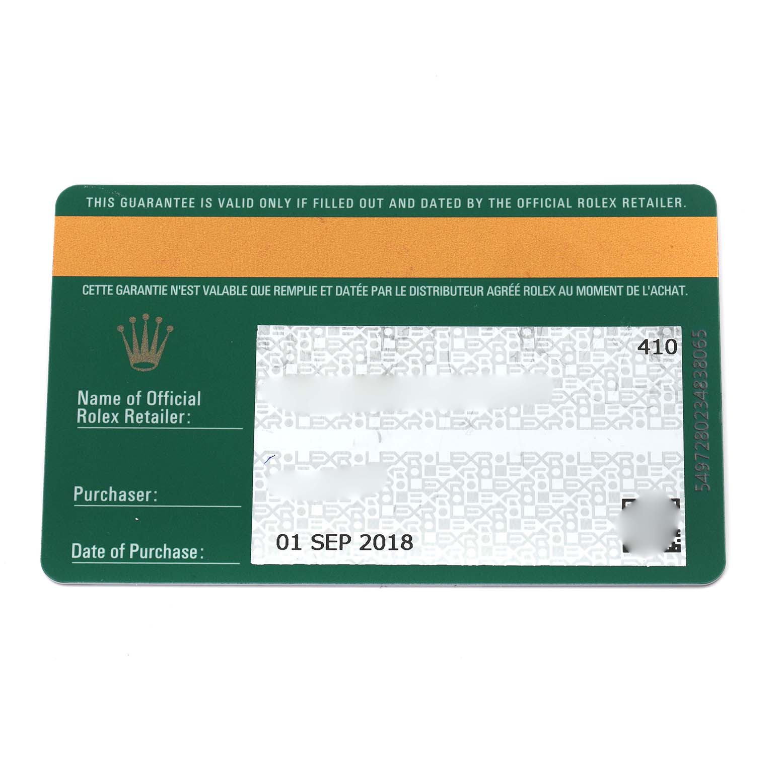 The image shows a warranty card for a Rolex GMT-Master 126711CHNR Men
s Steel and Gold (two tone) Black Dial 126711CHNR Men
s Steel and Gold (two tone) Black Dial, displaying the brand emblem and purchase details.