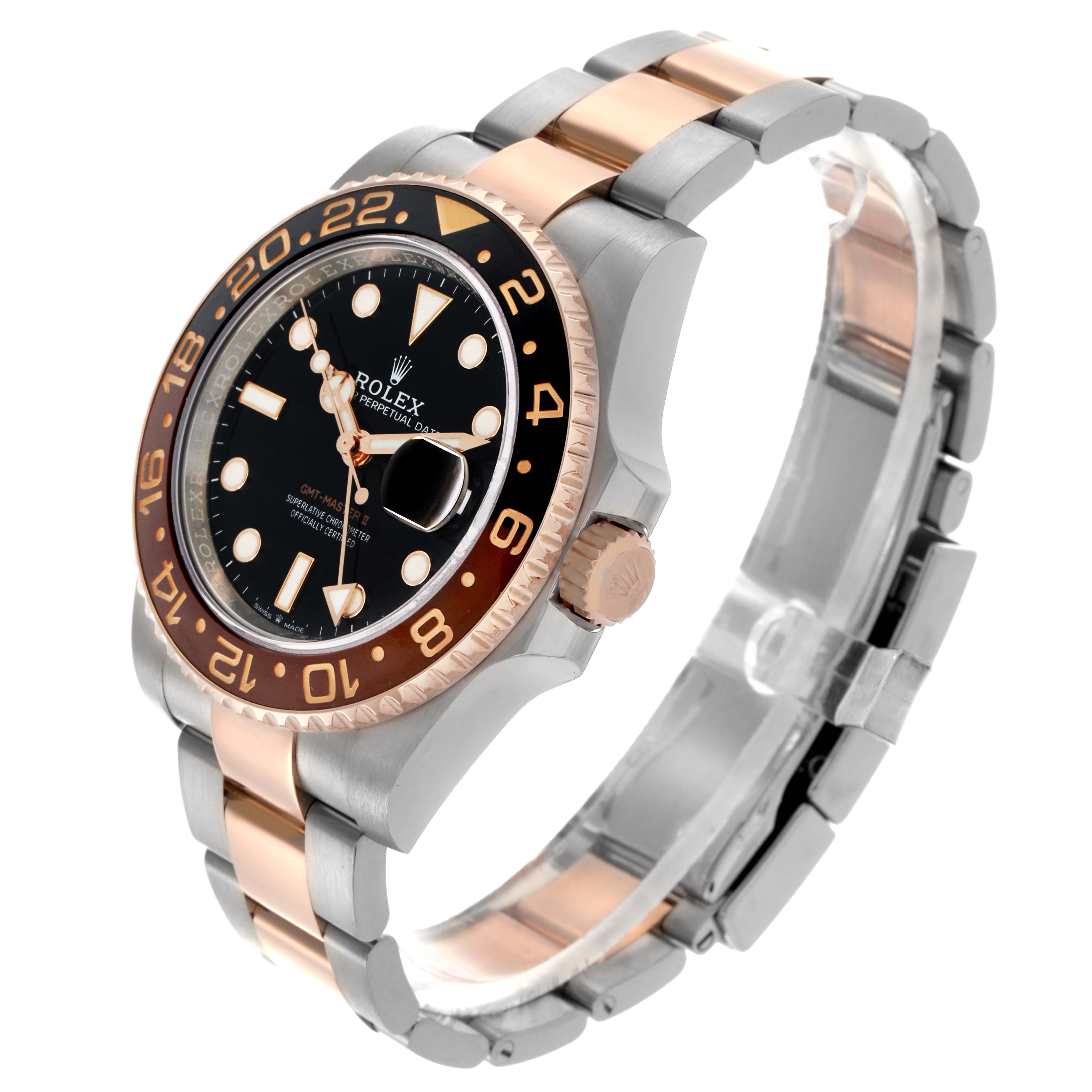 The Rolex GMT-Master 126711CHNR Men
s Steel and Gold (two tone) Black Dial 126711CHNR Men
s Steel and Gold (two tone) Black Dial watch is shown at a slight angle displaying the face, bezel, and partially open stainless steel and gold strap.