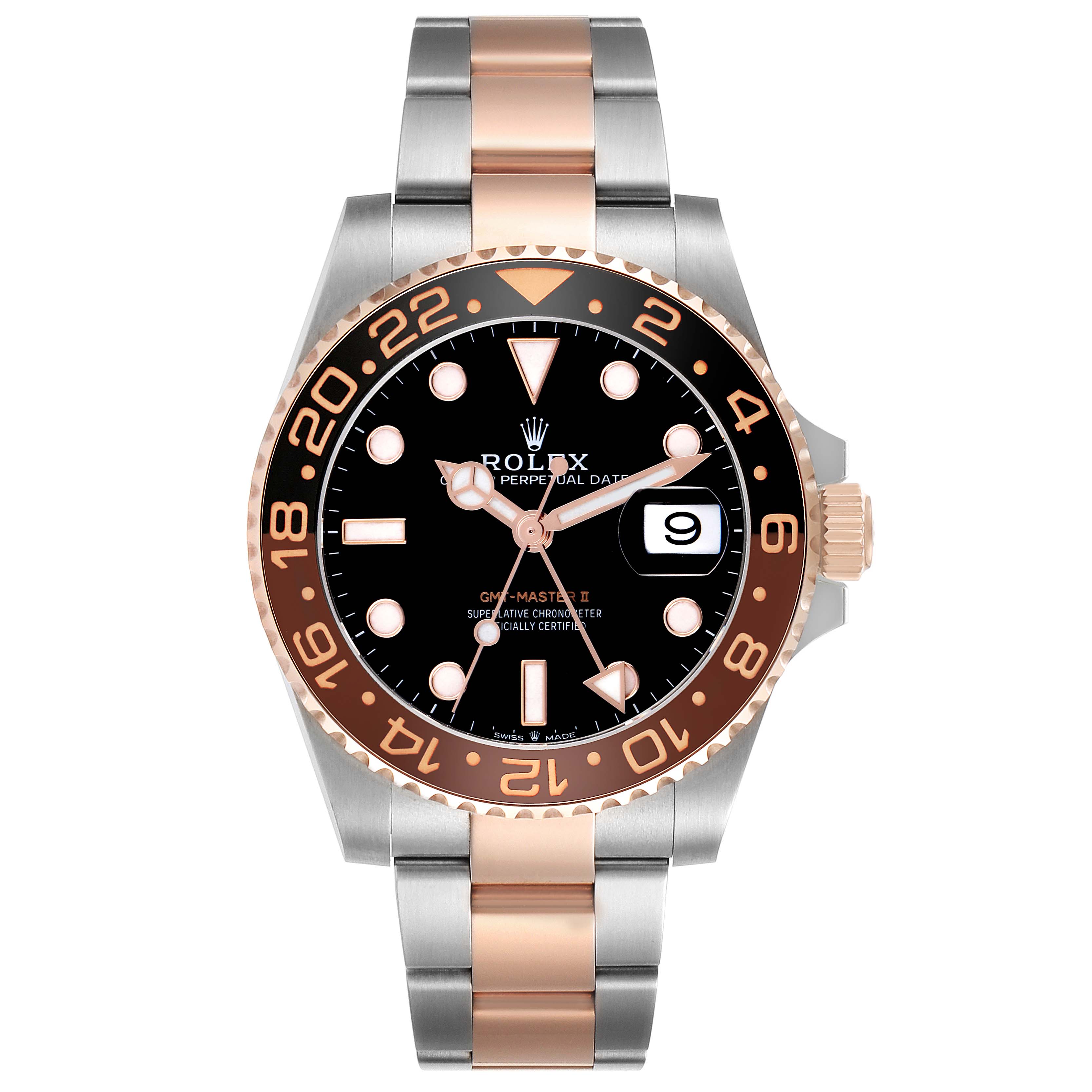 The Rolex GMT-Master 126711CHNR Men
s Steel and Gold (two tone) Black Dial 126711CHNR Men
s Steel and Gold (two tone) Black Dial watch is shown from a front angle, displaying its bezel, dial, hands, and two-tone bracelet.