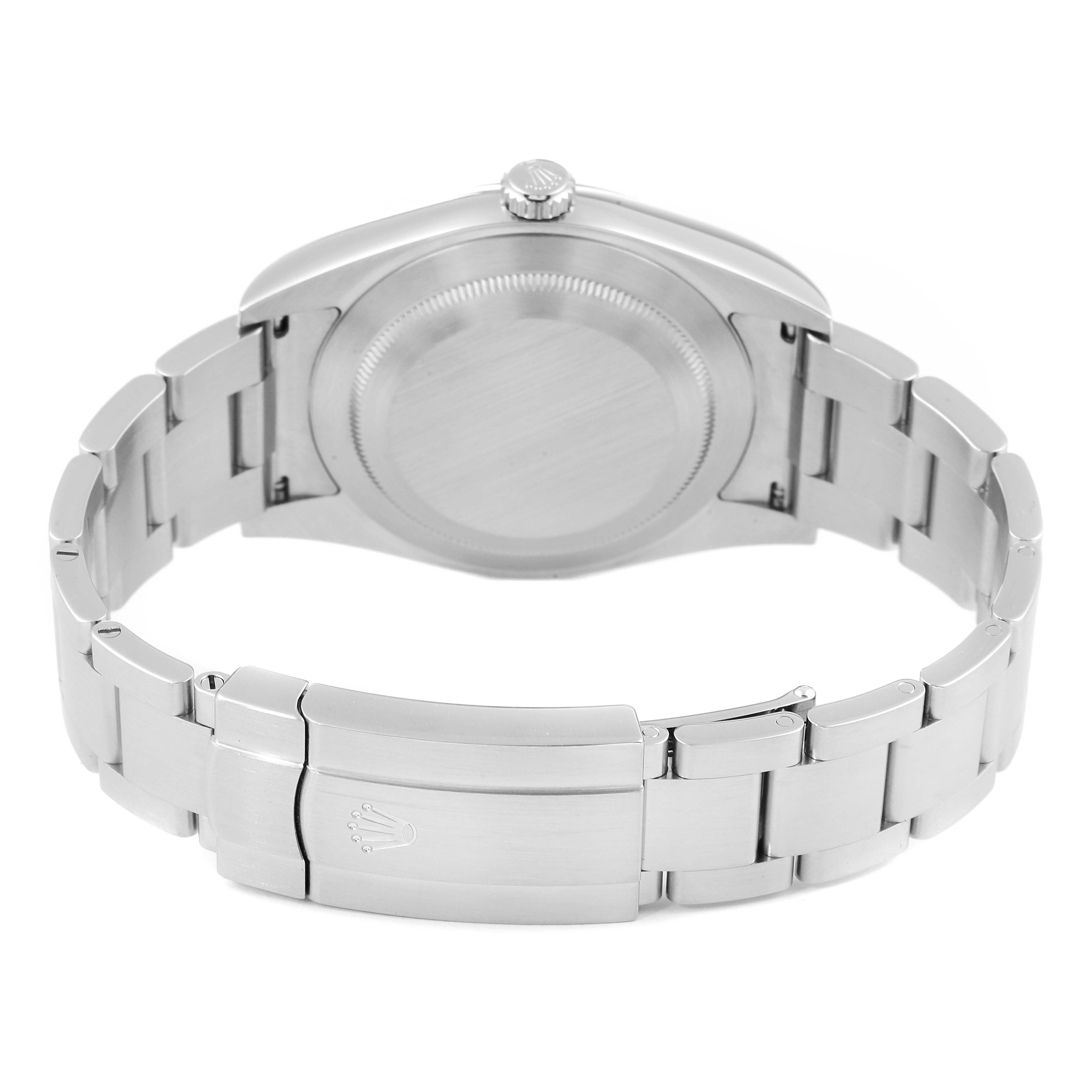 This image shows the back and clasp of a Rolex Oyster Perpetual 114300 Men's Stainless Steel Silver Dial 114300 Men's Stainless Steel Silver Dial watch in a fully opened position.