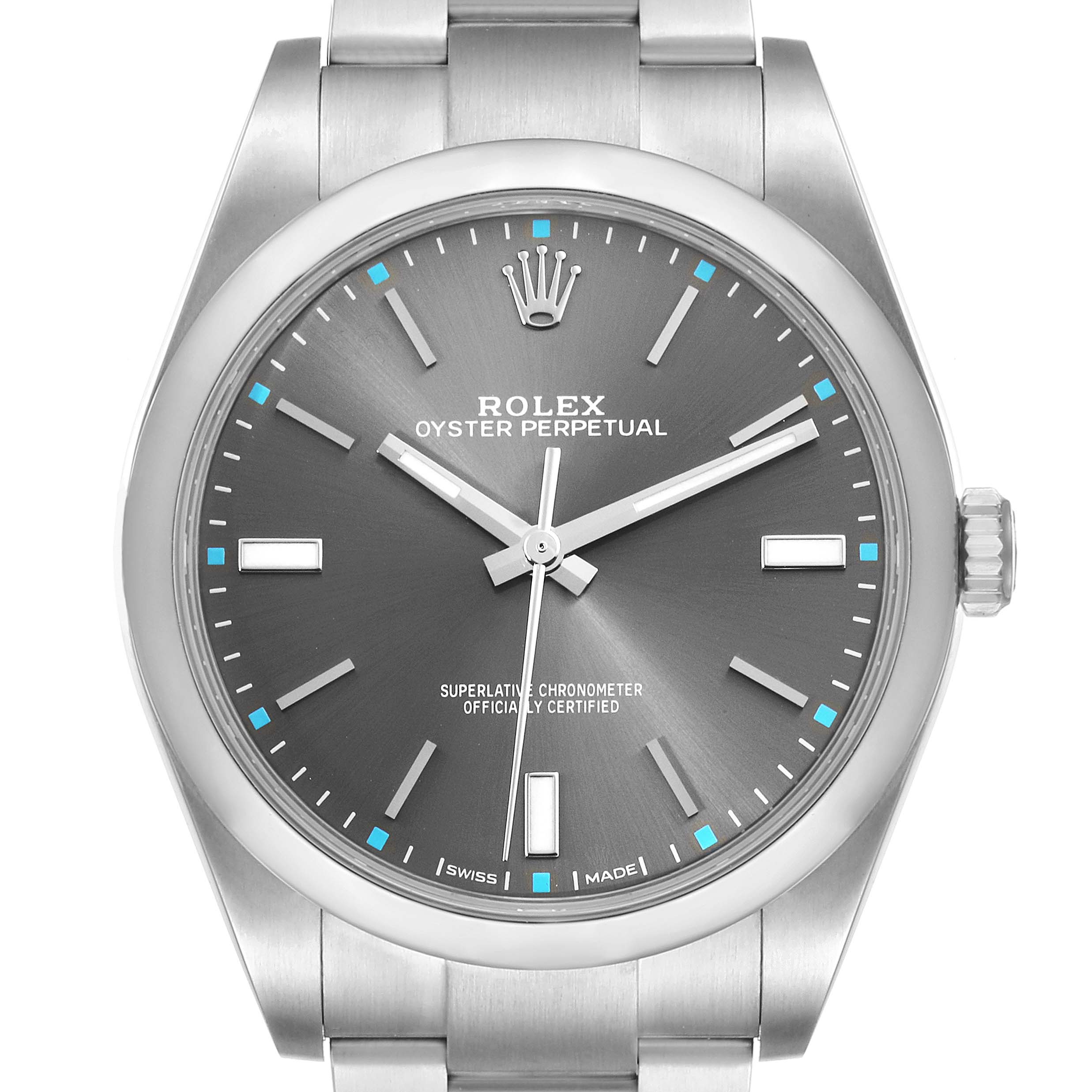This image shows the dial, bezel, crown, and part of the bracelet of a Rolex Oyster Perpetual 114300 Men's Stainless Steel Silver Dial 114300 Men's Stainless Steel Silver Dial watch, taken from a front angle.