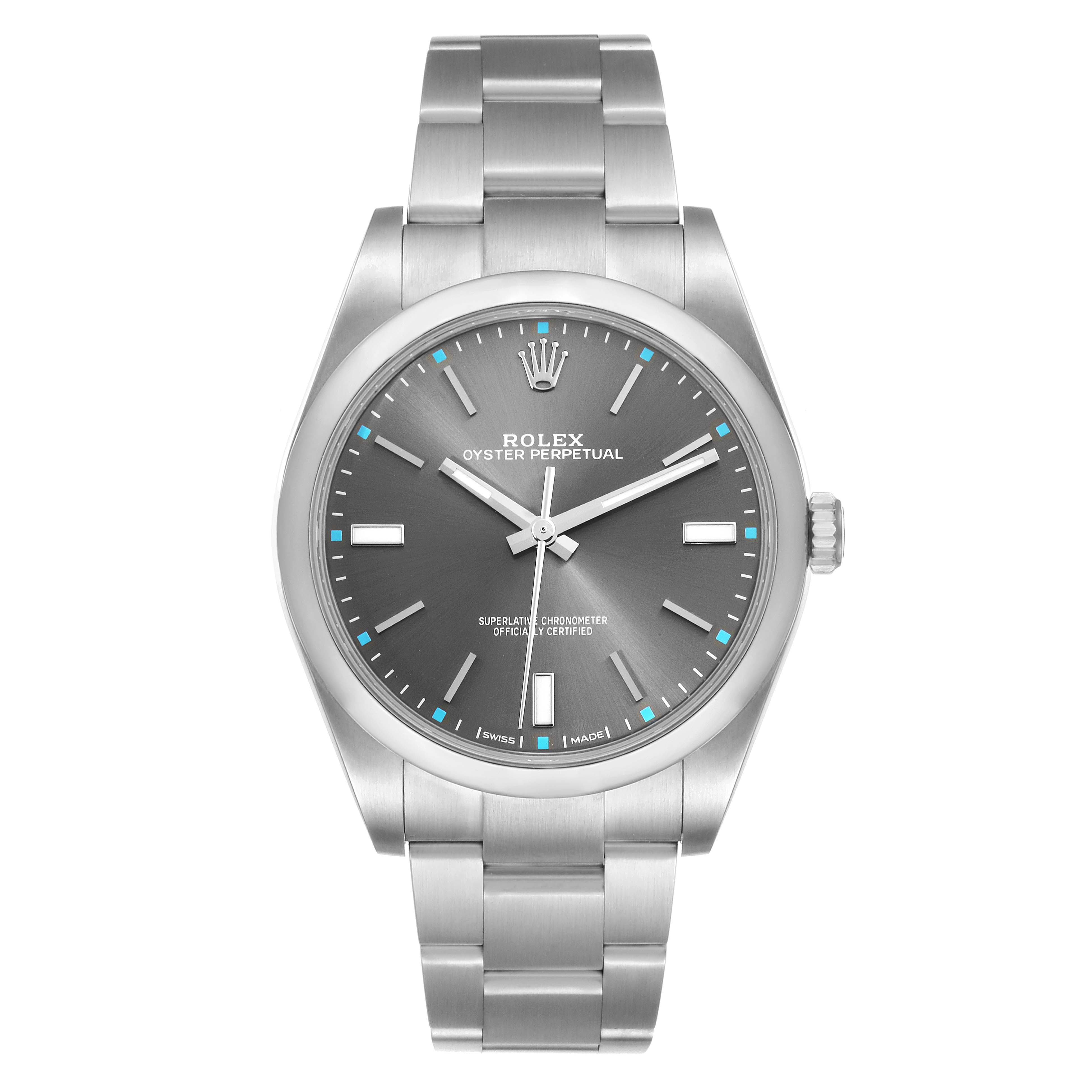 The image shows a front view of the Rolex Oyster Perpetual 114300 Men's Stainless Steel Silver Dial 114300 Men's Stainless Steel Silver Dial watch, highlighting its face, dial, and bracelet.