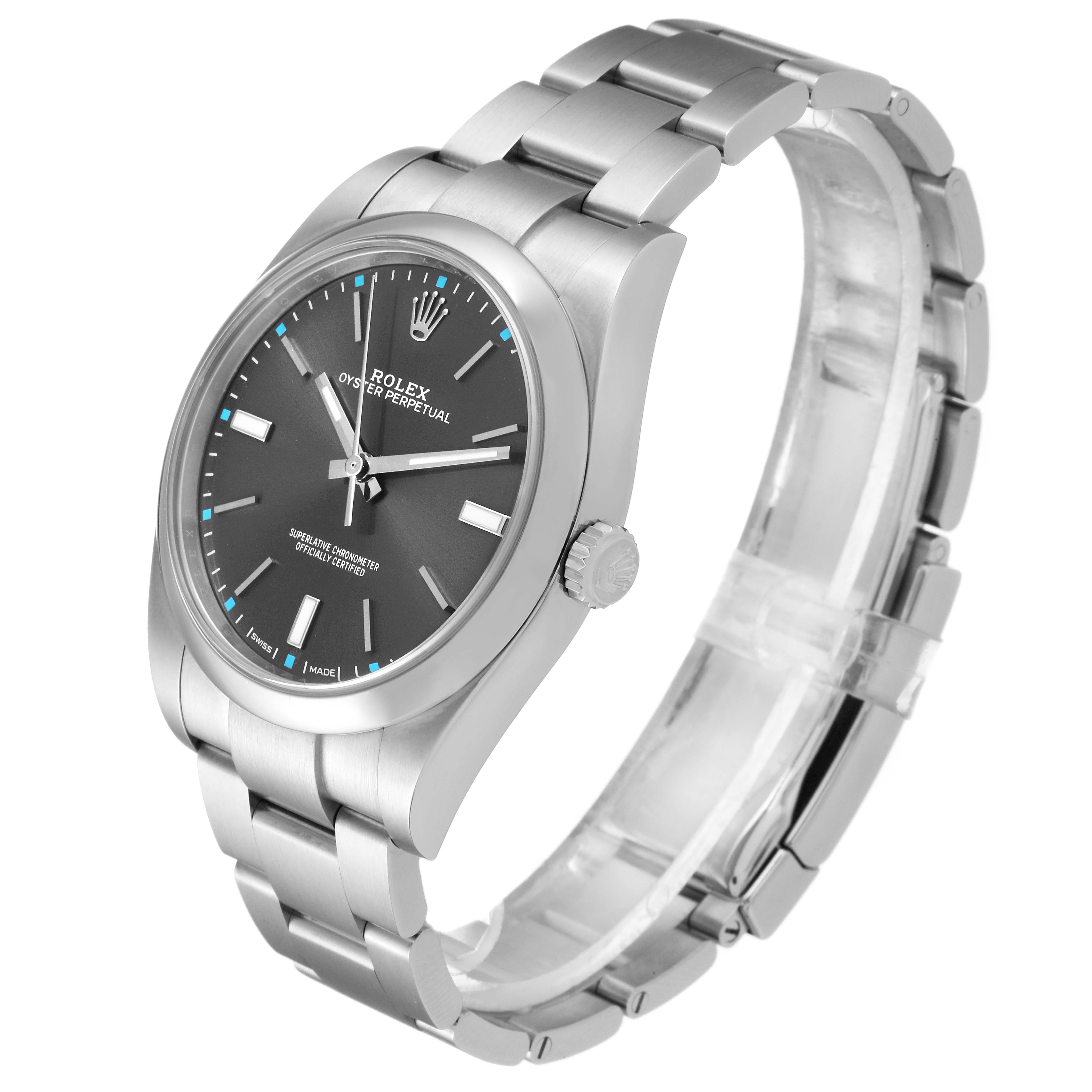 The image shows a Rolex Oyster Perpetual 114300 Men's Stainless Steel Silver Dial 114300 Men's Stainless Steel Silver Dial watch from a three-quarter angle, highlighting the watch face, crown, and bracelet.