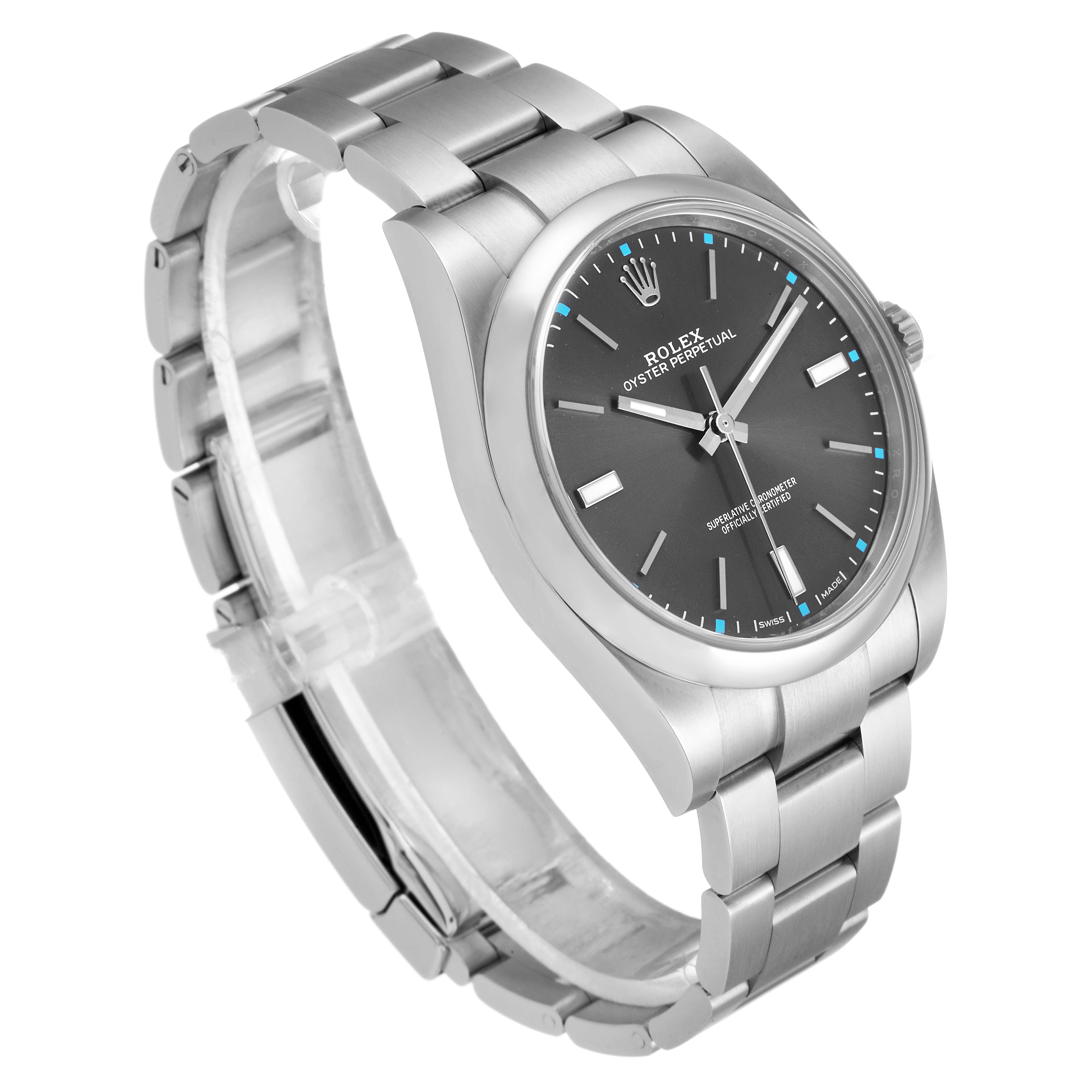 The Rolex Oyster Perpetual 114300 Men's Stainless Steel Silver Dial 114300 Men's Stainless Steel Silver Dial watch is shown from a right three-quarter angle, displaying the dial, crown, and bracelet.