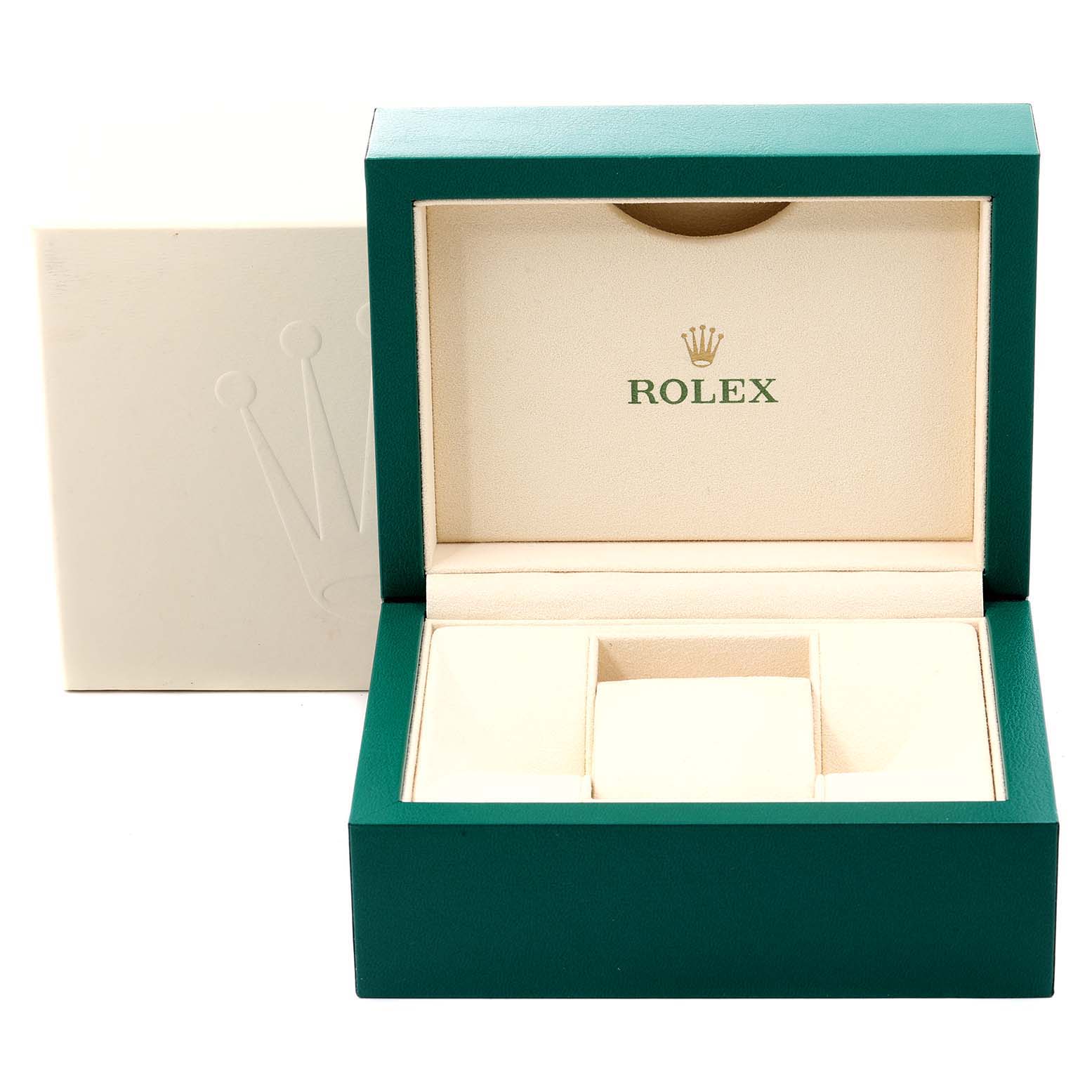 The image shows the open box for a Rolex Oyster Perpetual 114300 Men's Stainless Steel Silver Dial 114300 Men's Stainless Steel Silver Dial watch, featuring the brand's logo inside.