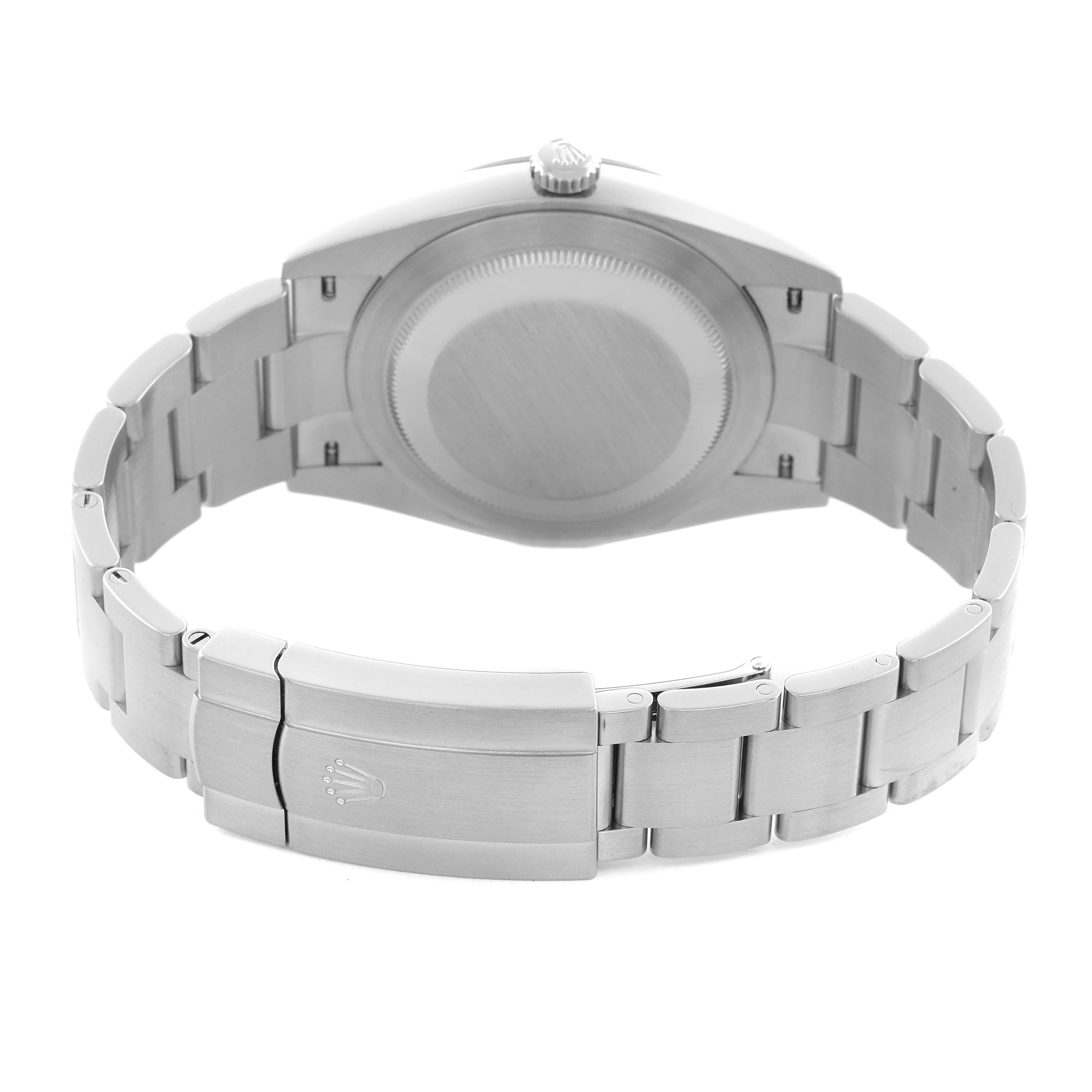 The Rolex Oyster Perpetual 124300 Men's Stainless Steel Black Dial 124300 Men's Stainless Steel Black Dial watch is shown from the back, displaying the case back and bracelet clasp.