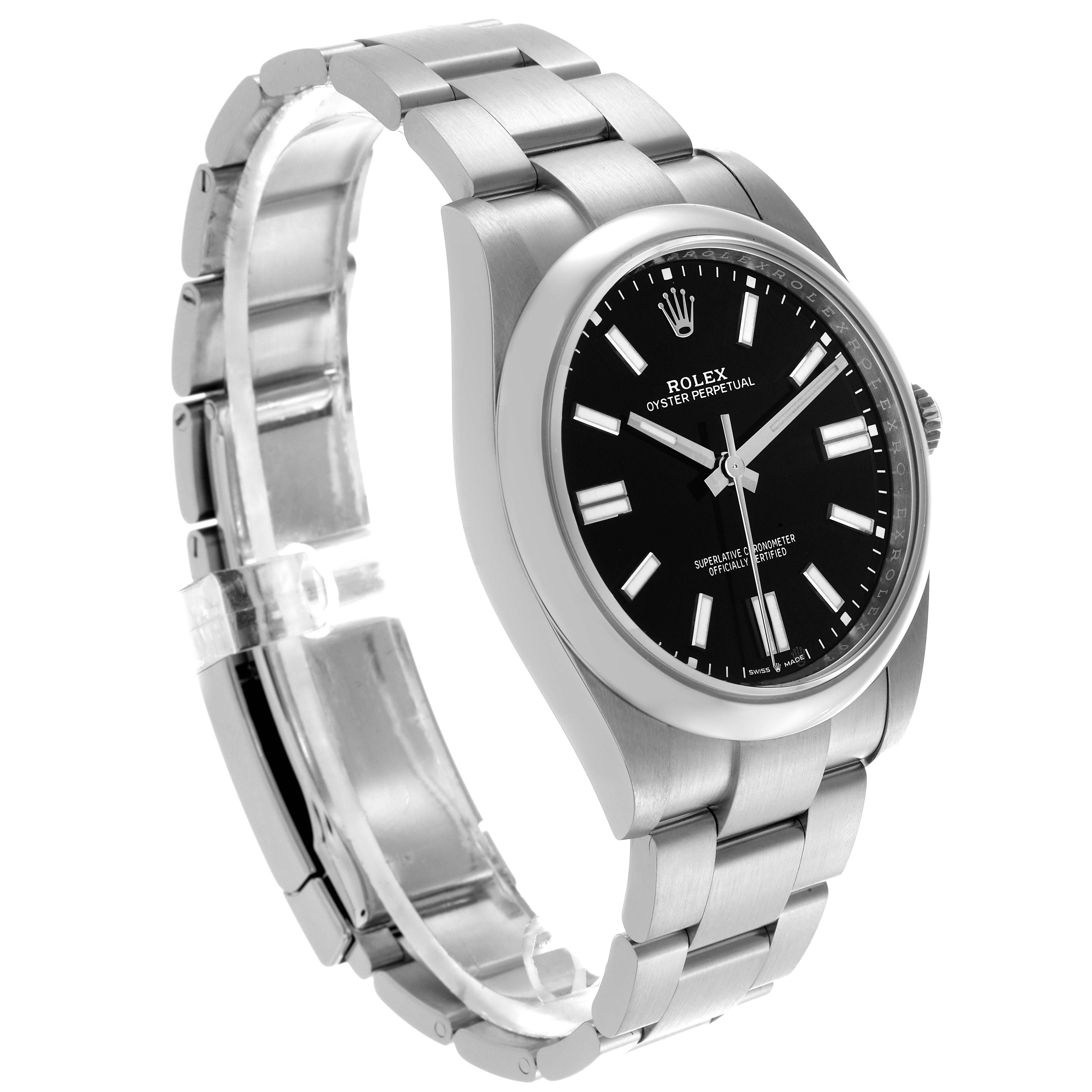 The Rolex Oyster Perpetual 124300 Men's Stainless Steel Black Dial 124300 Men's Stainless Steel Black Dial watch is shown at a three-quarter angle, displaying the bracelet, case, and black dial with markers.
