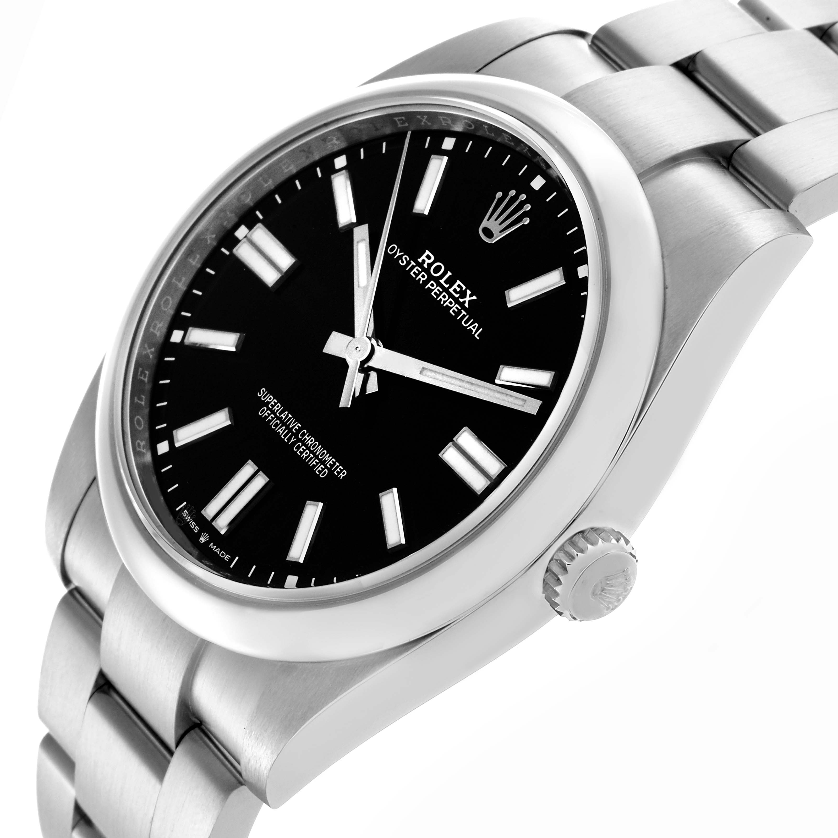 The Rolex Oyster Perpetual 124300 Men's Stainless Steel Black Dial 124300 Men's Stainless Steel Black Dial watch is shown from a side angle highlighting the dial, bezel, crown, and bracelet.