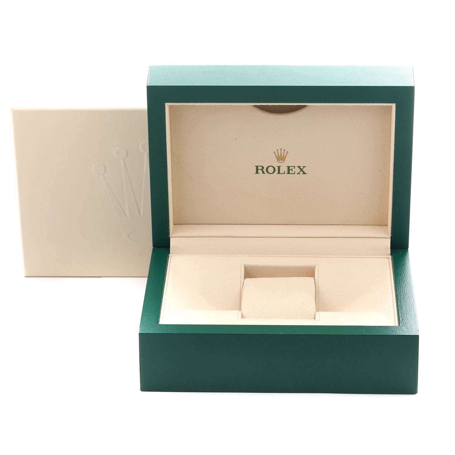The image shows an open Rolex Oyster Perpetual 124300 Men's Stainless Steel Black Dial 124300 Men's Stainless Steel Black Dial watch box from a front angle with the logo inside the lid.
