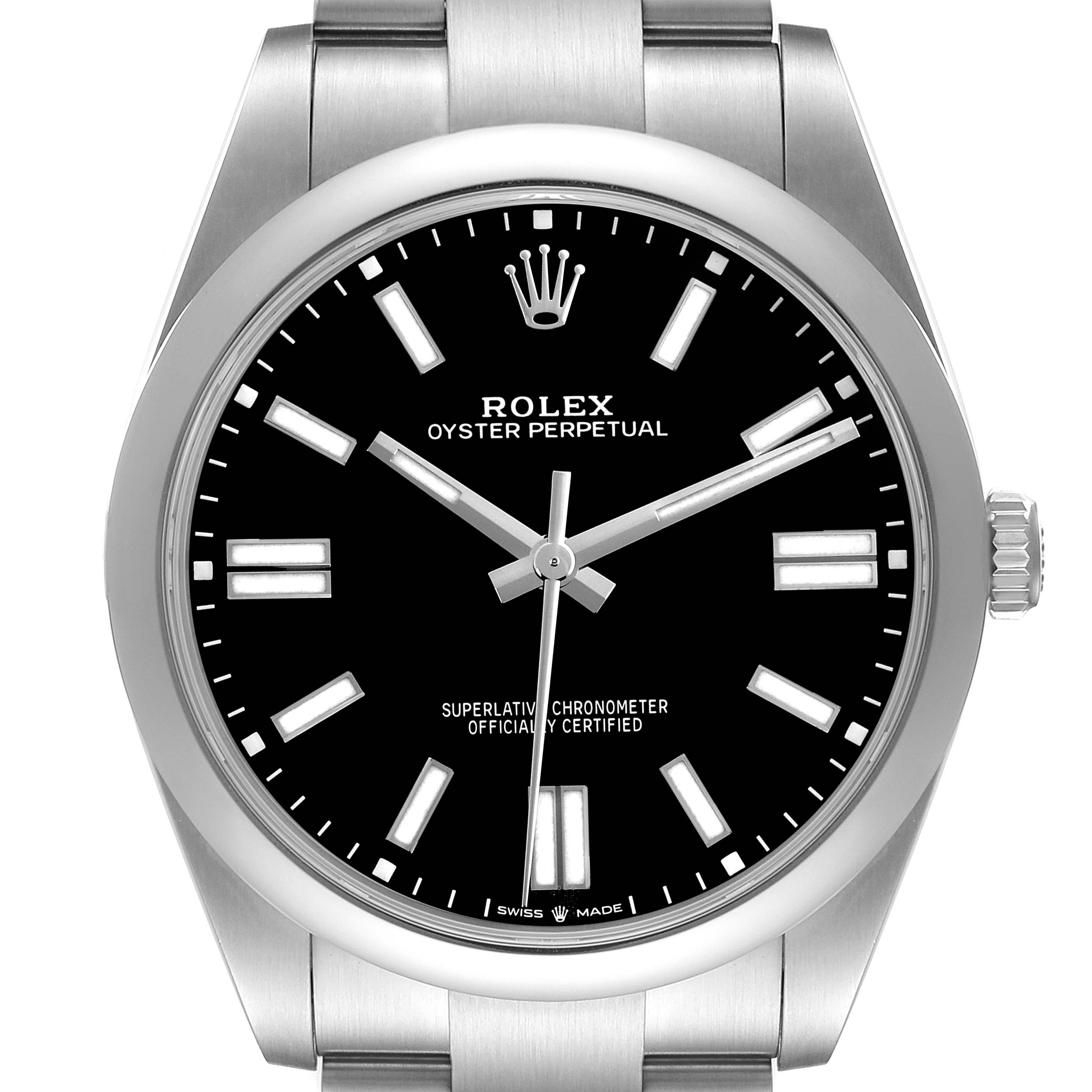 The Rolex Oyster Perpetual 124300 Men's Stainless Steel Black Dial 124300 Men's Stainless Steel Black Dial is shown from the front, highlighting its black dial, hour markers, hands, and crown.