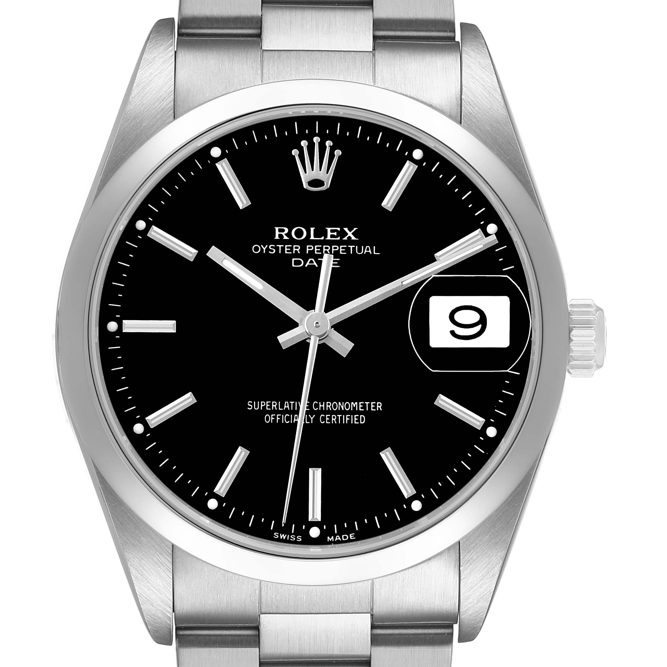 The Rolex Oyster Perpetual 15200 Men's Stainless Steel Black Dial watch is shown from a front angle, highlighting the dial, hands, bezel, and bracelet.
