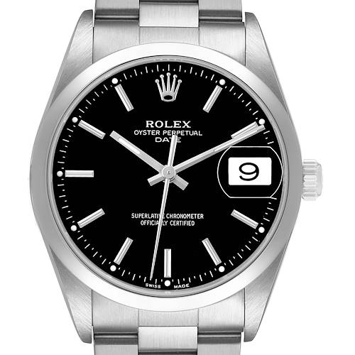 The image shows a front view of the Rolex Oyster Perpetual 15200 Men's Stainless Steel Black Dial watch, highlighting its black dial, date display, and silver bracelet.