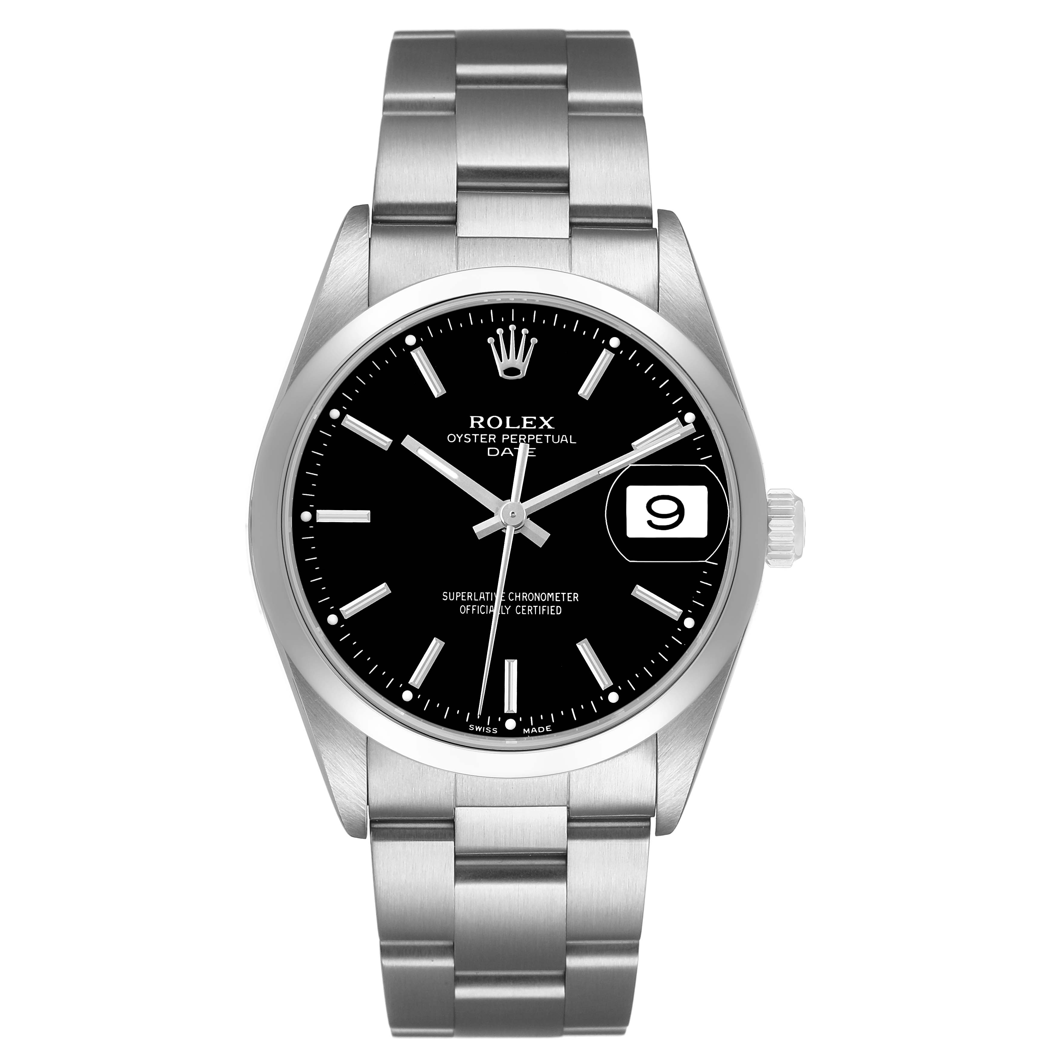 The Rolex Oyster Perpetual 15200 Men's Stainless Steel Black Dial watch is shown from the front, displaying the dial, bezel, case, and bracelet.