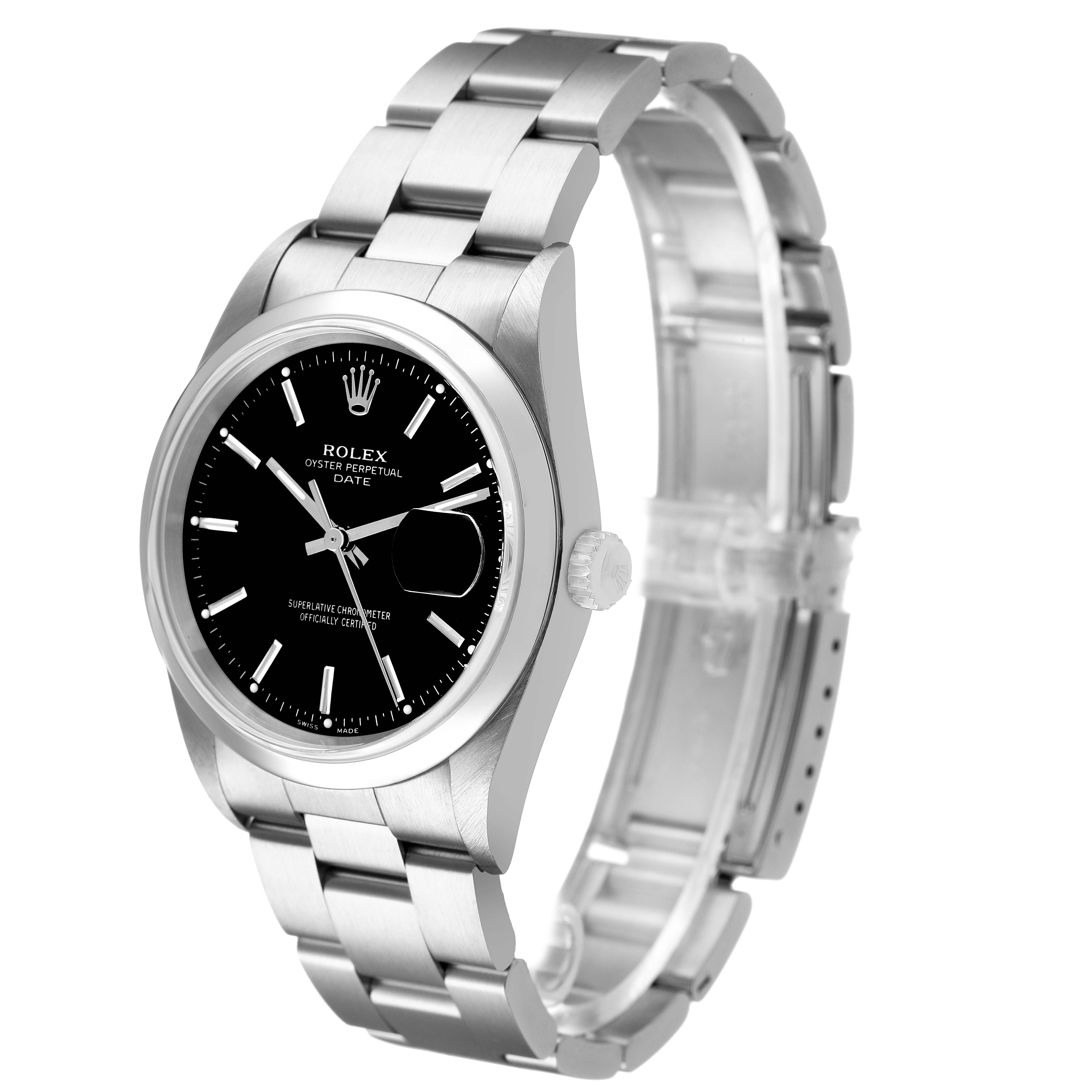 The Rolex Oyster Perpetual 15200 Men's Stainless Steel Black Dial watch is shown from a three-quarter angle, displaying the dial, bezel, case, and partially open bracelet.