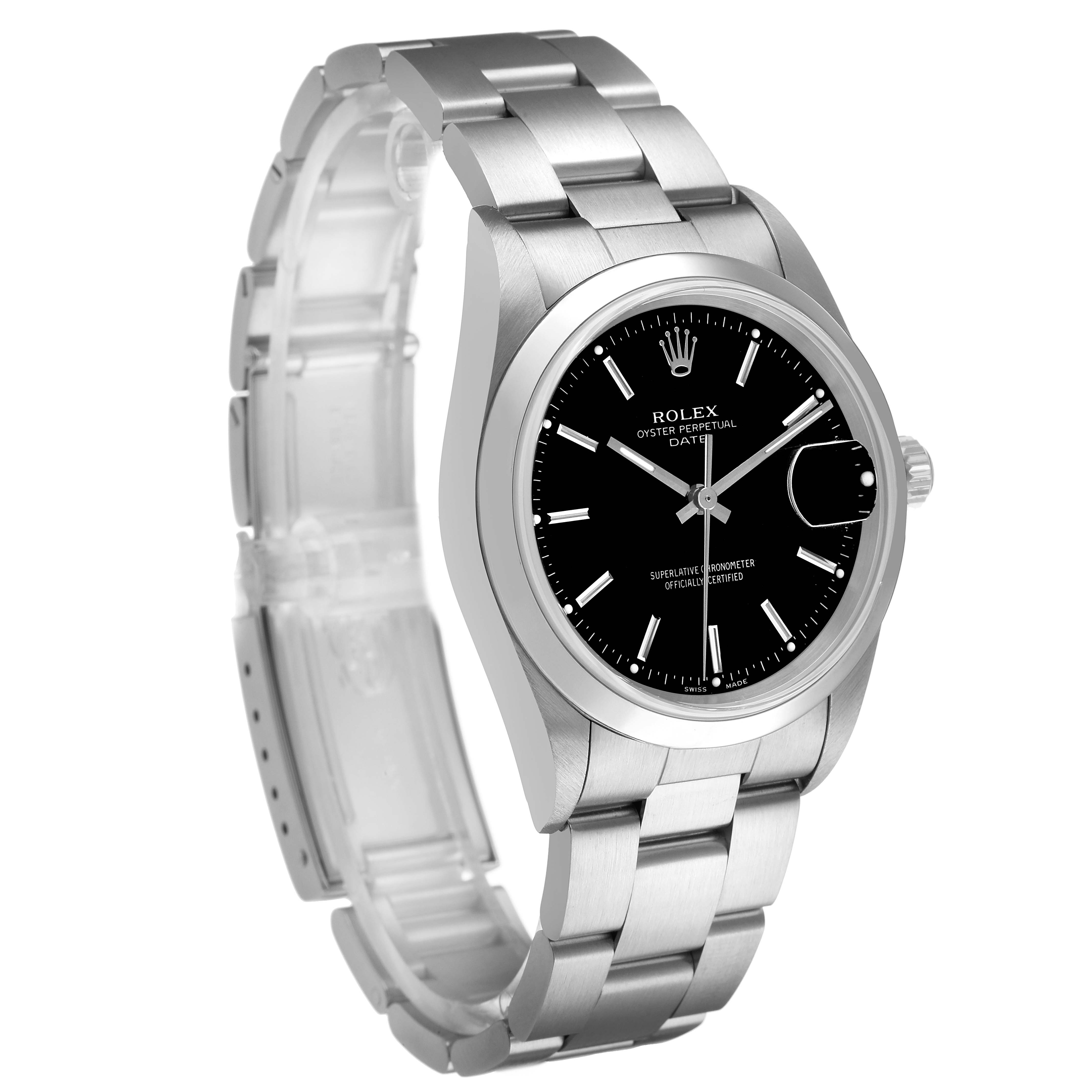 The Rolex Oyster Perpetual 15200 Men's Stainless Steel Black Dial watch is shown at a side angle, highlighting the bracelet, dial, and bezel.